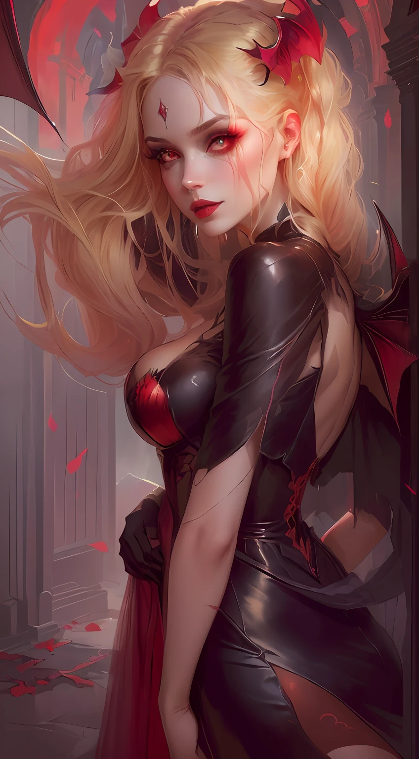 mulher loira em vestido vermelho , cabelo loiro, com sangue espalhado em seu rosto, inspirado em Magali Villeneuve, Graphic artist Magali Villeneuve, Magali Villeneuve», Succubus loira no retrato do vestido de sol, menina vampiro, Succubus bonito, Succubus em vestido curto apertado, arte de estilo fantasia escura, rainha vampira bonita, blonde female vampire, Charlie Bowater Cores Profundas Ricas