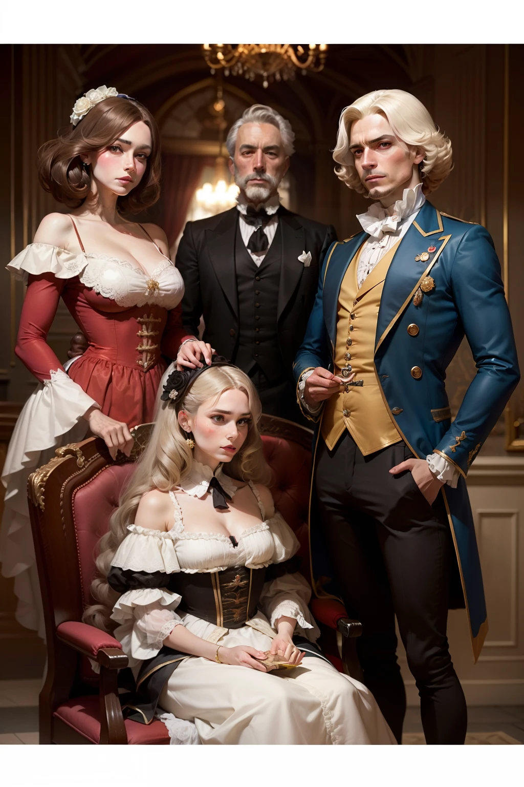 feast of eighteenth-century French nobles, with judges' wigs, pompa, jogos de azar, luxo. Festa de homens mais velhos