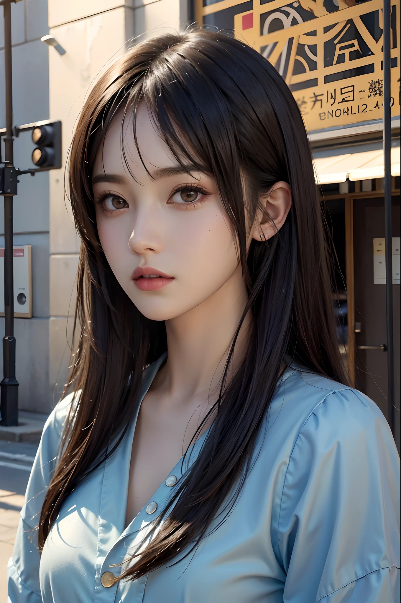 masterpiece, best quality,portrait of 1girl,Portrait of a female hyperrealist by David Hockney and Alphonse Mucha、Fantasyart、Photorealsitic、动态照明、art stations、poster for、Volumetric lighting、extra detailed face、4 k、Award-winning、、1girl、dark、deep-shadows、lowkey、(Formula service:1.4)、length hair、A dark-haired、女優、TOKYOcty、In the street、masterpiece、top-quality、Portrait of one girl、