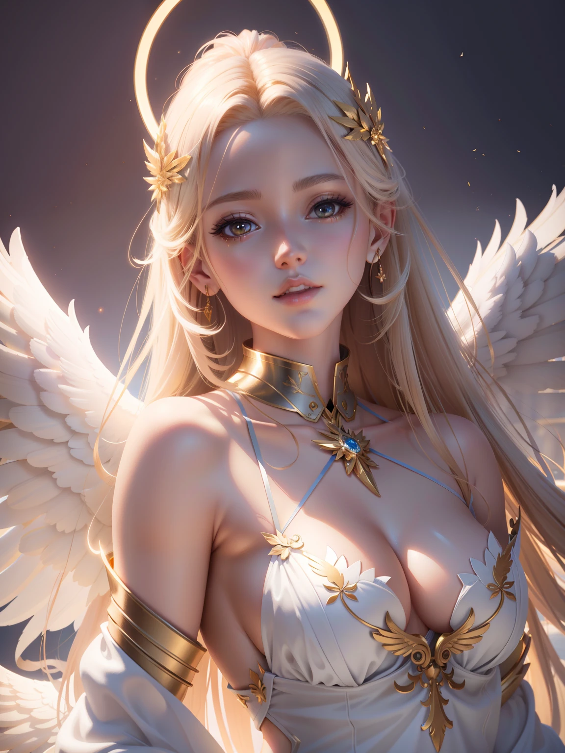 Anime angel girl posing for photo with golden halo and wings, beautiful angel, beautiful angel, angel knight girl, trending on cgstation, of an beautiful angel girl, WLOP Art, beautiful female angel, art by wlop, Art germ ; 3d unreal engine, 2. 5 D CGI anime fantasy artwork, Angelic face, angel girl