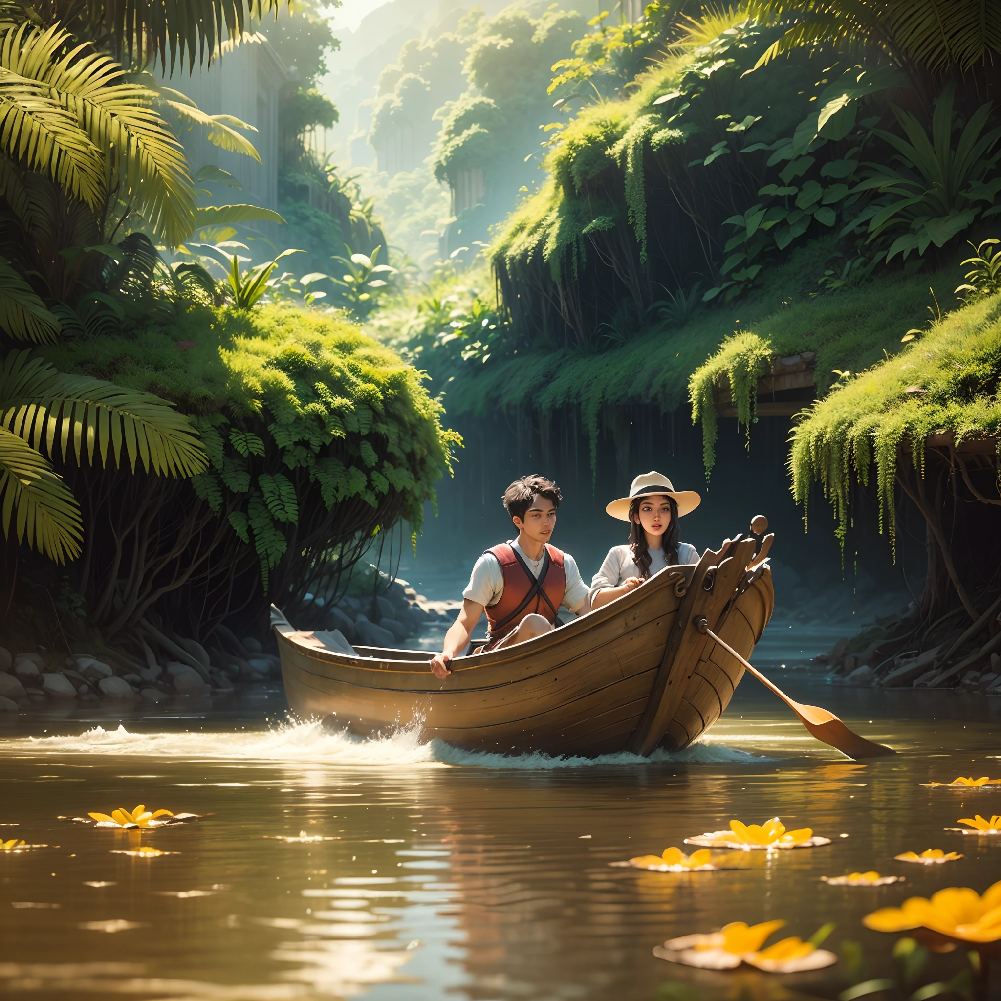 One beautiful boy with one beautiful girl rowing the boat in a golden fountain found The lost city of gold in golden jungle realstic , clearity 4k, nostalgic, masterpiece, old time building's & artifacts made of gold,beautiful scenery --auto --s2