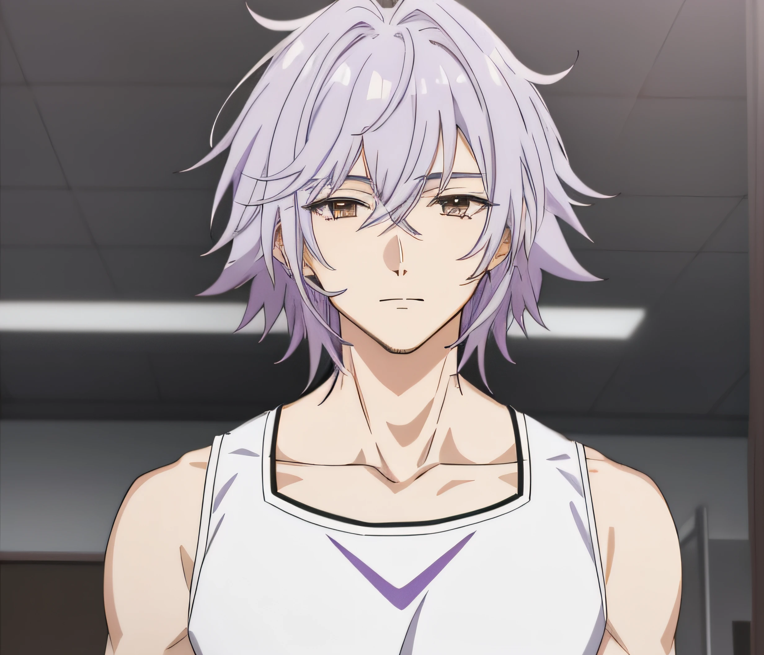 Close-up of someone with a white shirt and purple hair.., Hajime Yatate, Nagisa Kavoru, As an anime character, Neferpitu, Male anime characters, Okata Kazuto.., young anime man, He has dark gray fur.., anime character, Shiro Takatani, Inspired by Okumura Togyu, crazy silver hair