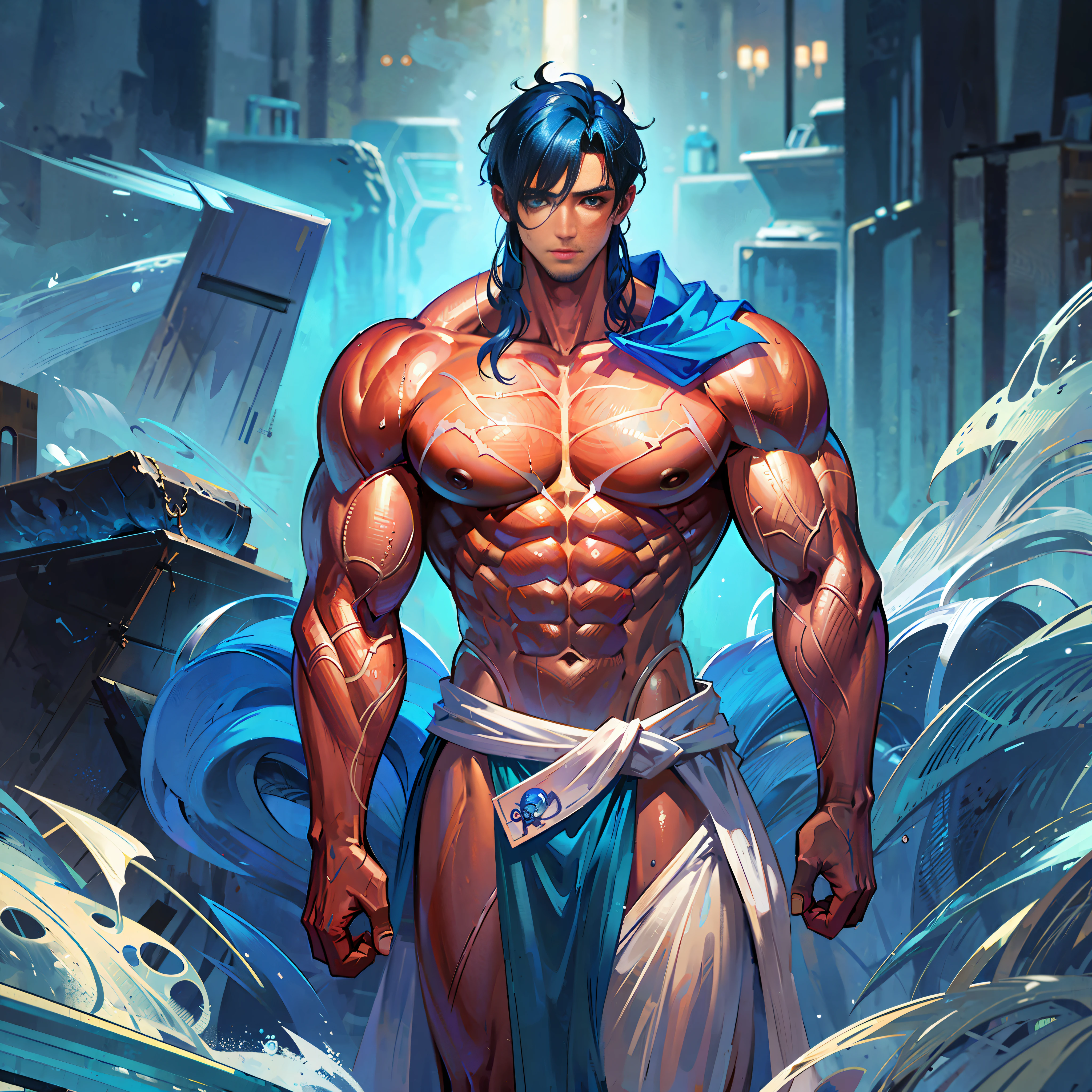 arafed male bodybuilde in a blue towel posing for a picture, bodybuilder physique, drenched body, perfect muscle structure, bodybuilder body, exaggerated muscle physique, shirtless :: high detail, detailed veiny muscles, muscled, in billy herrington body, muscular men, chiseled muscles, 2 muscular attractive men, sweaty wet skin, beefcake pose