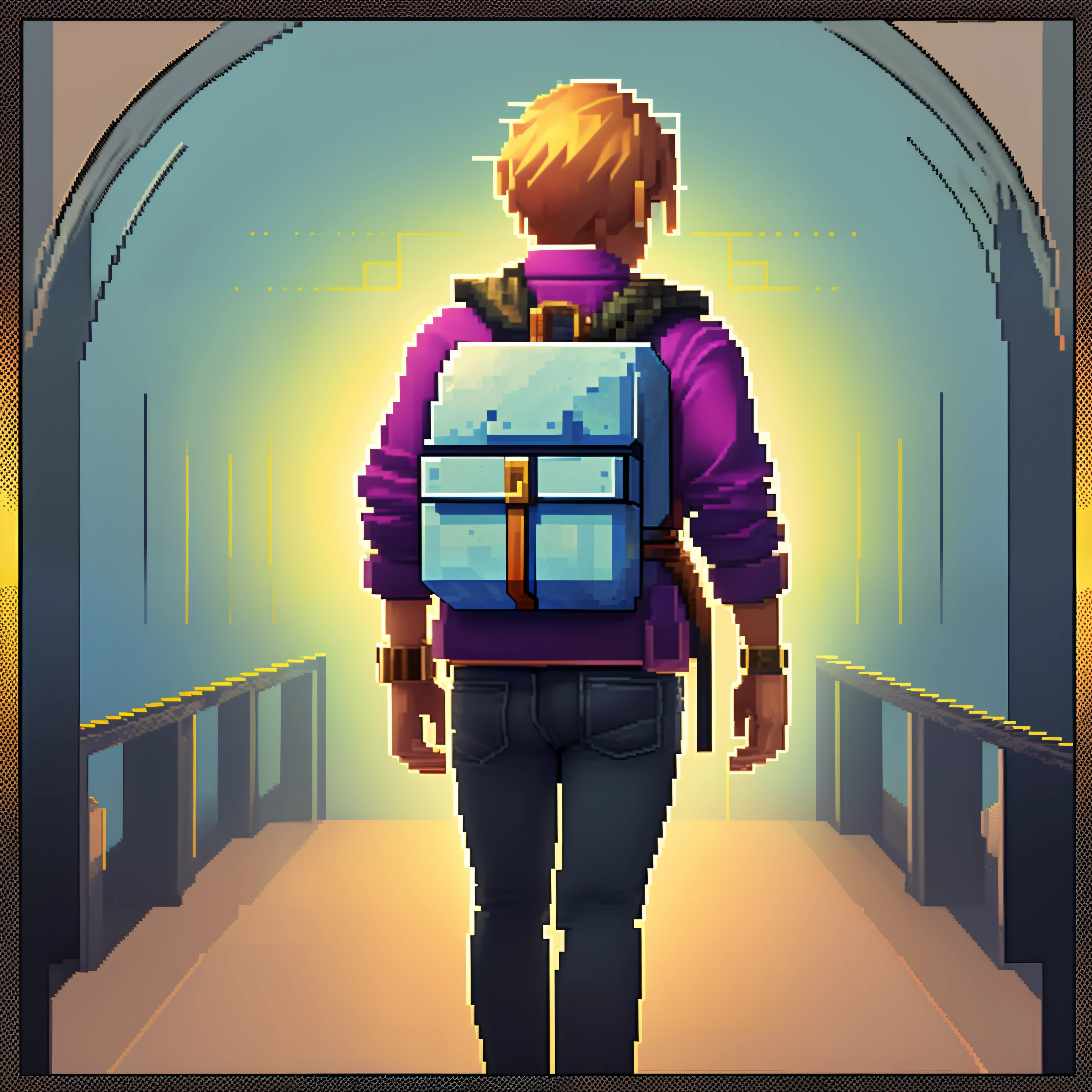 SDPA pixel art de um jovem de cabelos loiros, olhos castanhos, ele tem uma mochila, foto de perfil