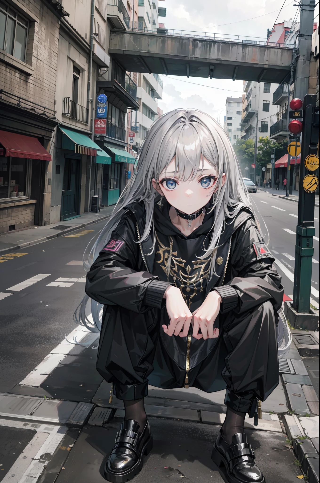 Close-up.  Woman sits on metal stairs to climb a small bridge to cross a street in the middle of a street. Tiene un look agresivo y urbano, His clothes have fluorescent colors and carry strange metallic ornaments... She's in a bit gray, lugar descuidado... ((La mejor calidad))