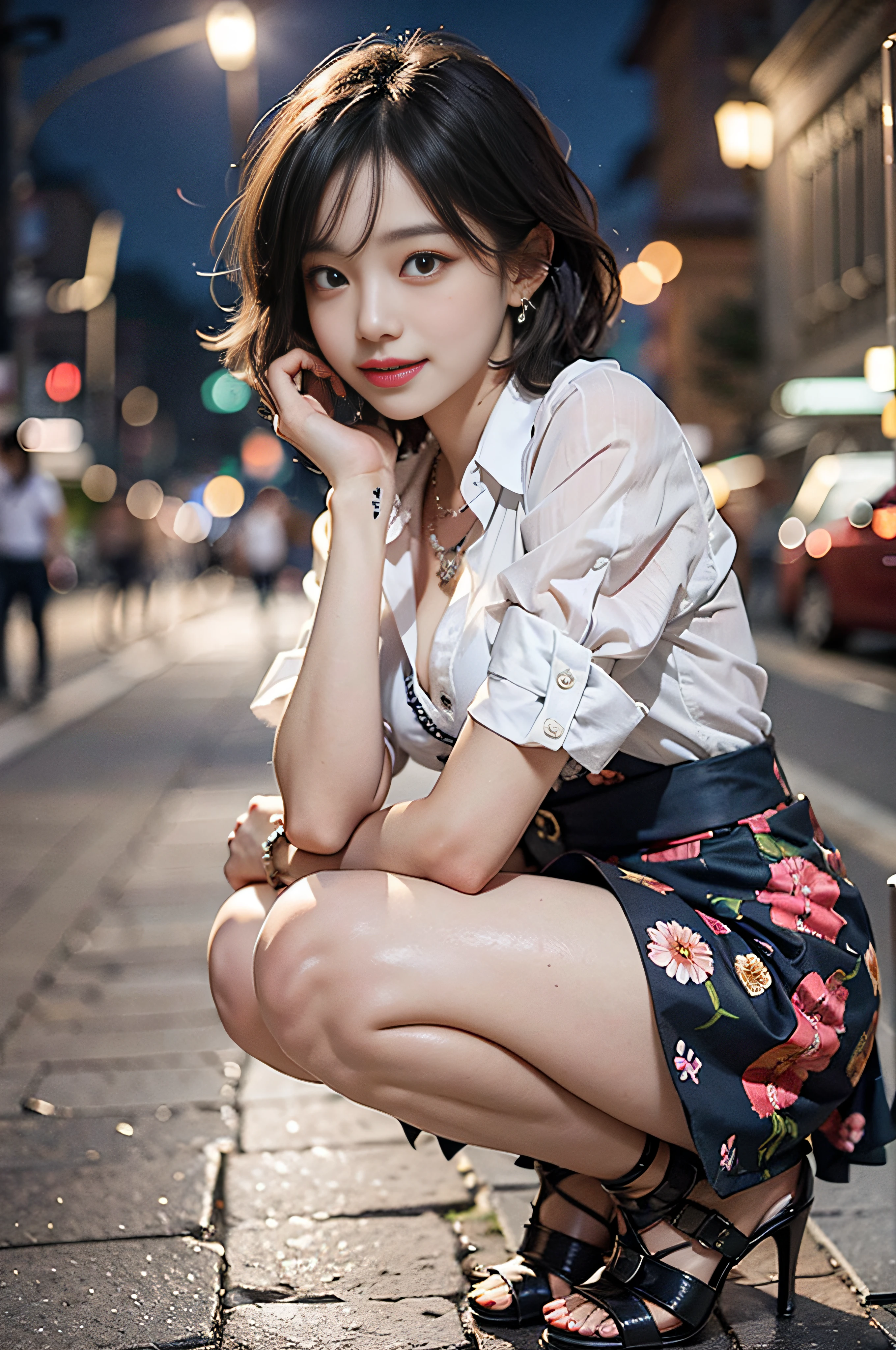 8K RAW photos, high resolution, slender Korean at 17 years old, big round breasts, formal shirt, formal skirt, very thin mouth, duck mouth, smile,, beautiful eyes in detail, slender eyes, three white eyes, cheeks, long eyelashes, beautiful double eyelids, eyeshadow, beautiful thin legs, stockings, necklace, earrings, short hair, in front of the station at night, flower bed at night, Squatting, high-end high heels