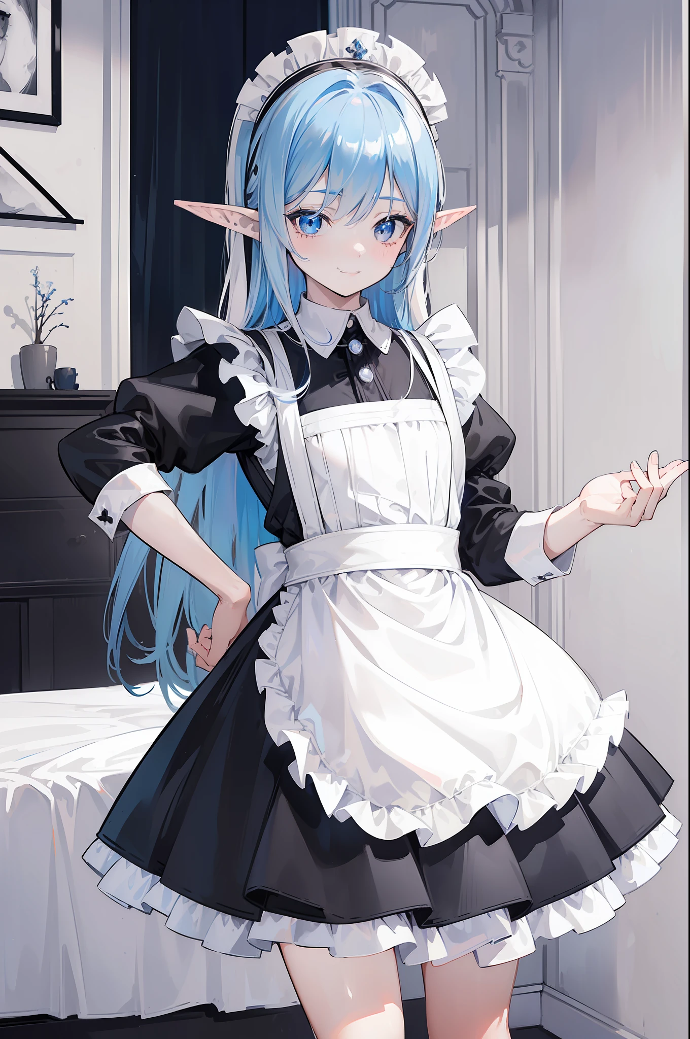 woman with blue hair, ((elf ears)), slight smile, slight blush, long hair, (extremely detailed face), full body, (looking into camera), (realistic camera angle), in bedroom, leaning towards camera, smiling, (((small black and white maid ourtfit))), small skirt, (((masterpiece))), (((ultra high quality, 8k)))