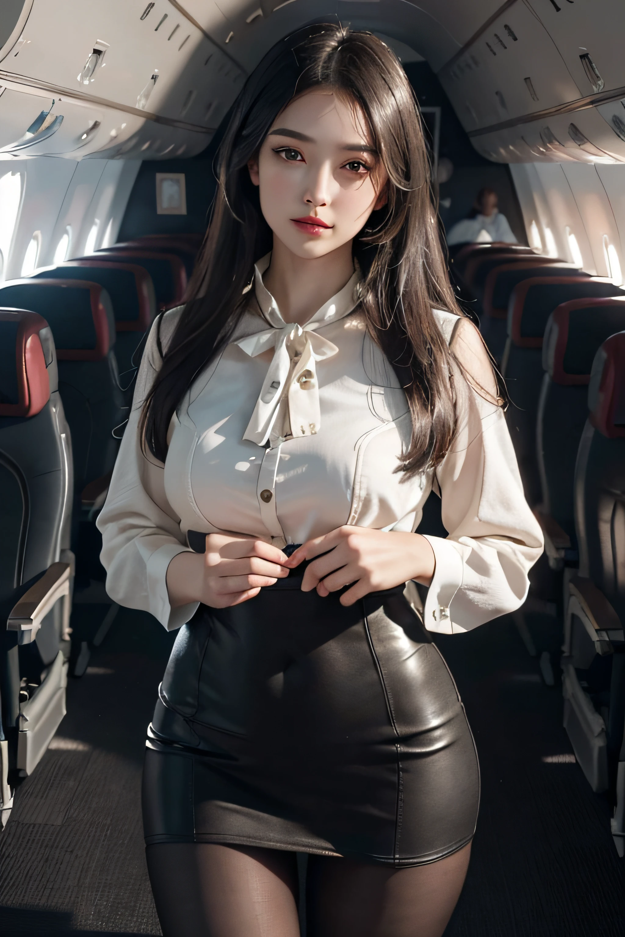 best quality, masterpiece, 8k, ultra high res, (photorealistic:1.4), highly detailed, intricate detail, delicate and beautiful, good lighting, professional lighting, sharp focus, detailed shadows, exquisite details and textures, depth of field, unity 8k wallpaper, cinematic composition, cinematic lighting, official art, Cabin Crew, flight attendant, black pantyhose, (aircraft, (Aircraft Corridor), Aircraft seats) beautiful elegant face, detailed face, detailed eyes, realistic hair, long hair, (1girl), (standing:1.3),
