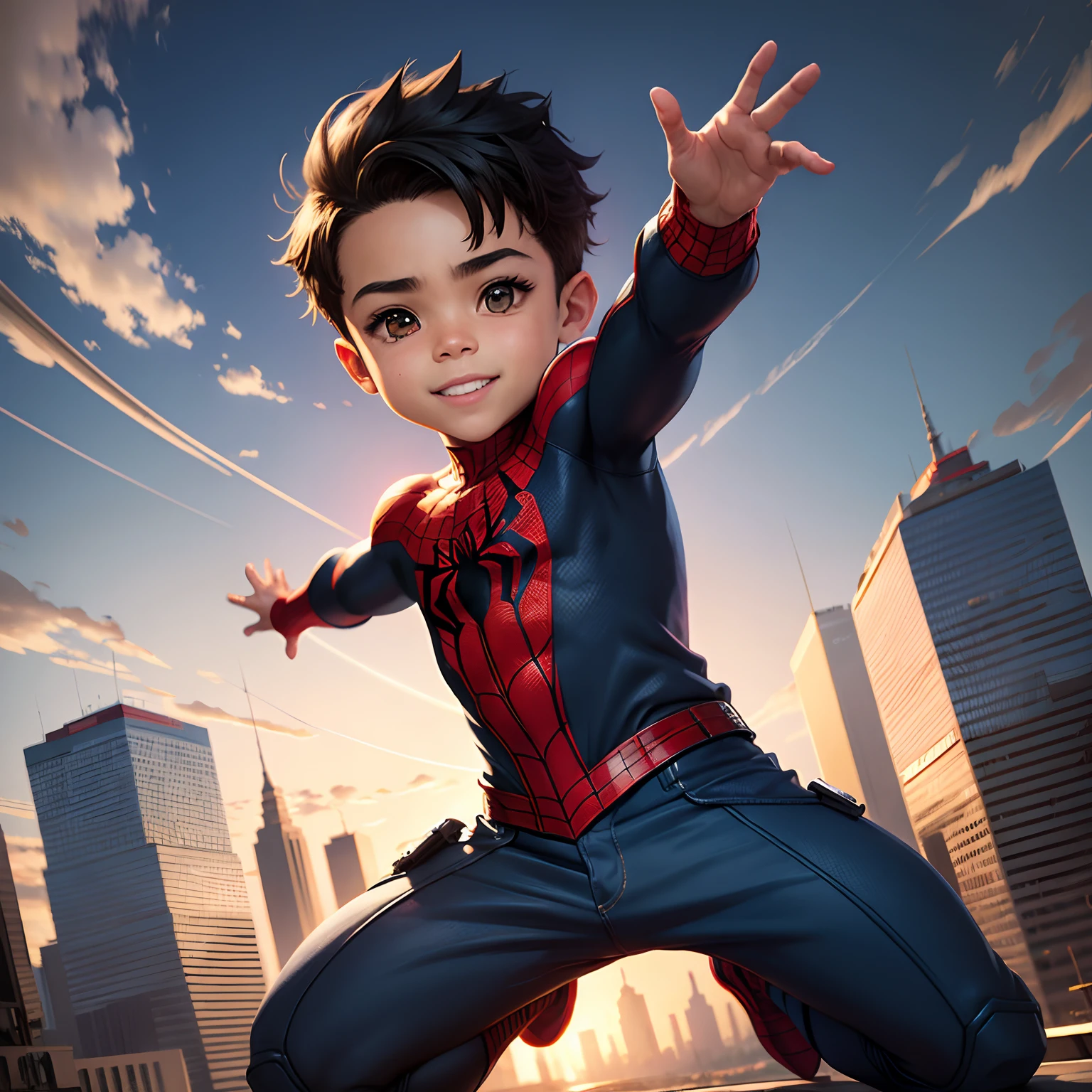 spiderman realista muito detalhado chibi 8k com uma cidade no fundo batalhando feliz