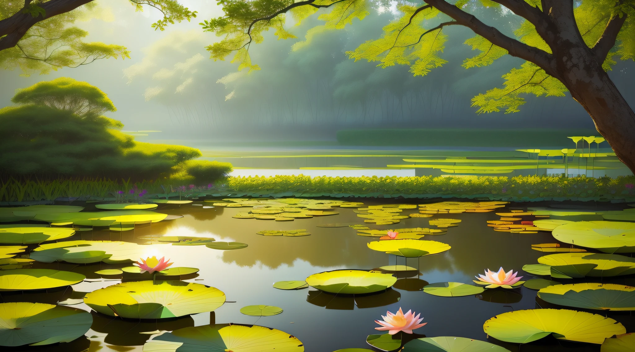 Masterpiece, exquisite, beautiful scenery deep in the lotus pond, (colourful, vivid, sunny, cool light: 1.2) lotus leaves in the pond. high quality high quality