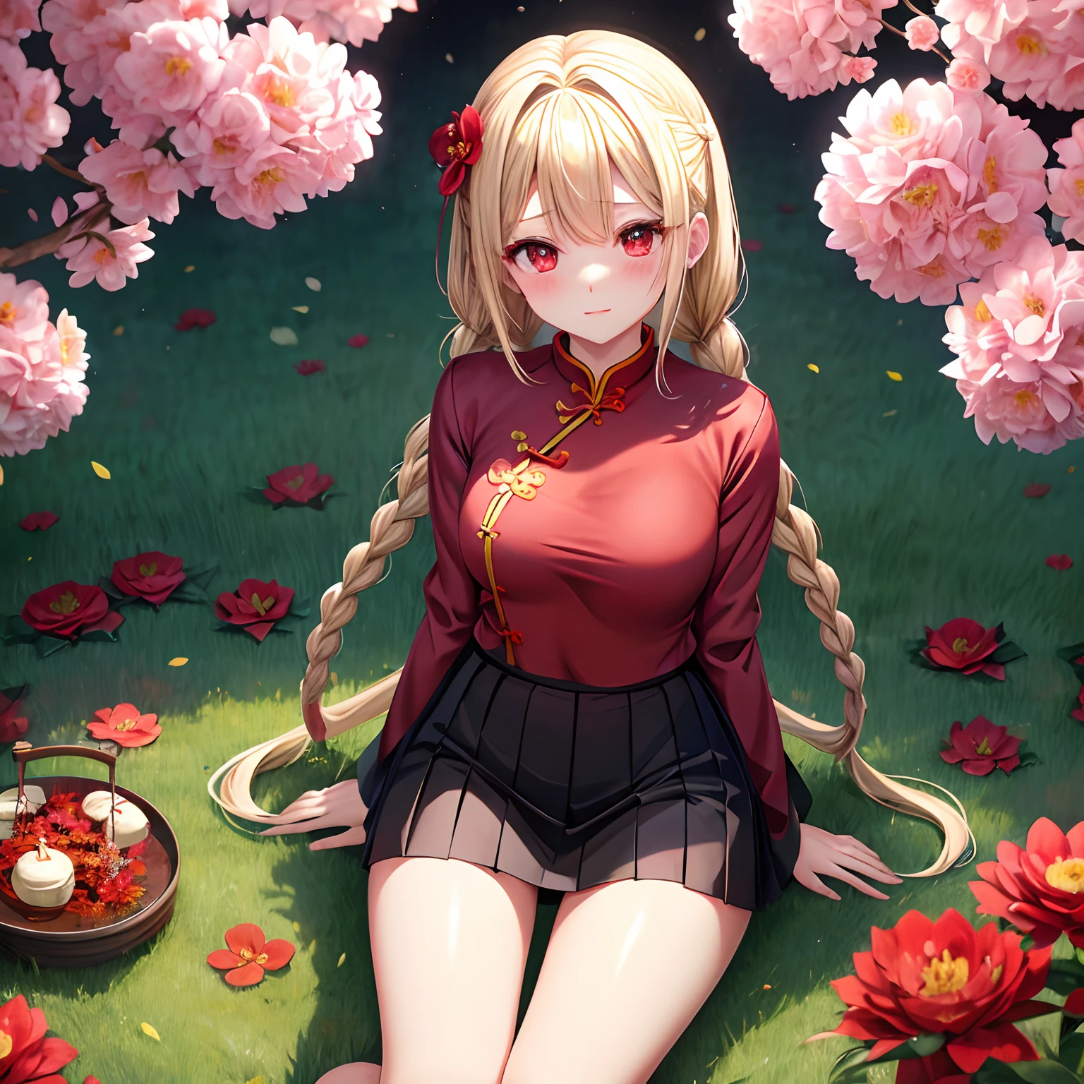 a blond、red eyes、One pretty girl、独奏、animesque、flower  field、red blush、Black cheongsam、a miniskirt、sitting on、Foot braids、Underwear is slightly visible