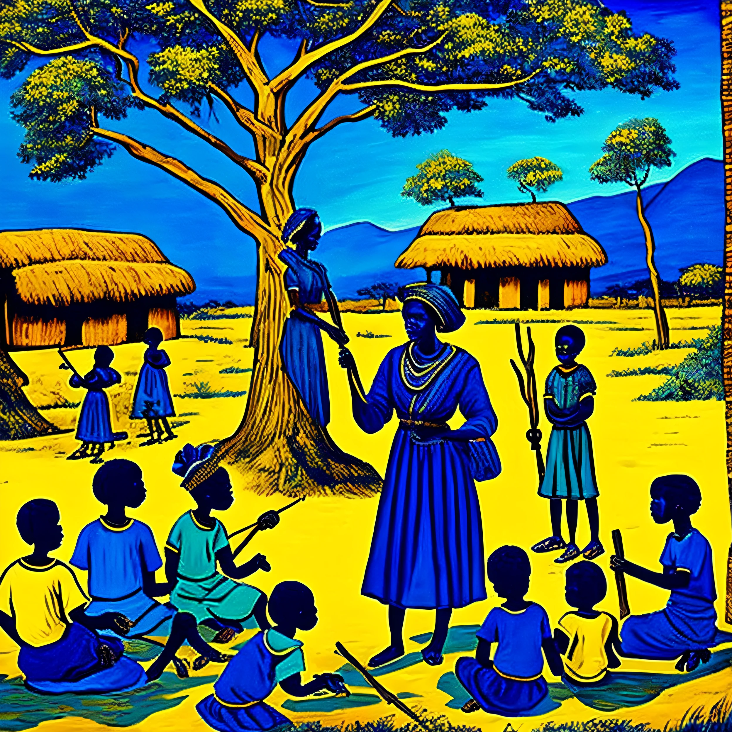 Vila estilo Van Gogh,Arte bonita em azul e amarelo. In the foreground an African lady standing passing a teaching to children from her village who were seated.. The group stands by a tree and she raises a stick in her hand emphasizing the explanation. AO fundo um vilarejo africano
