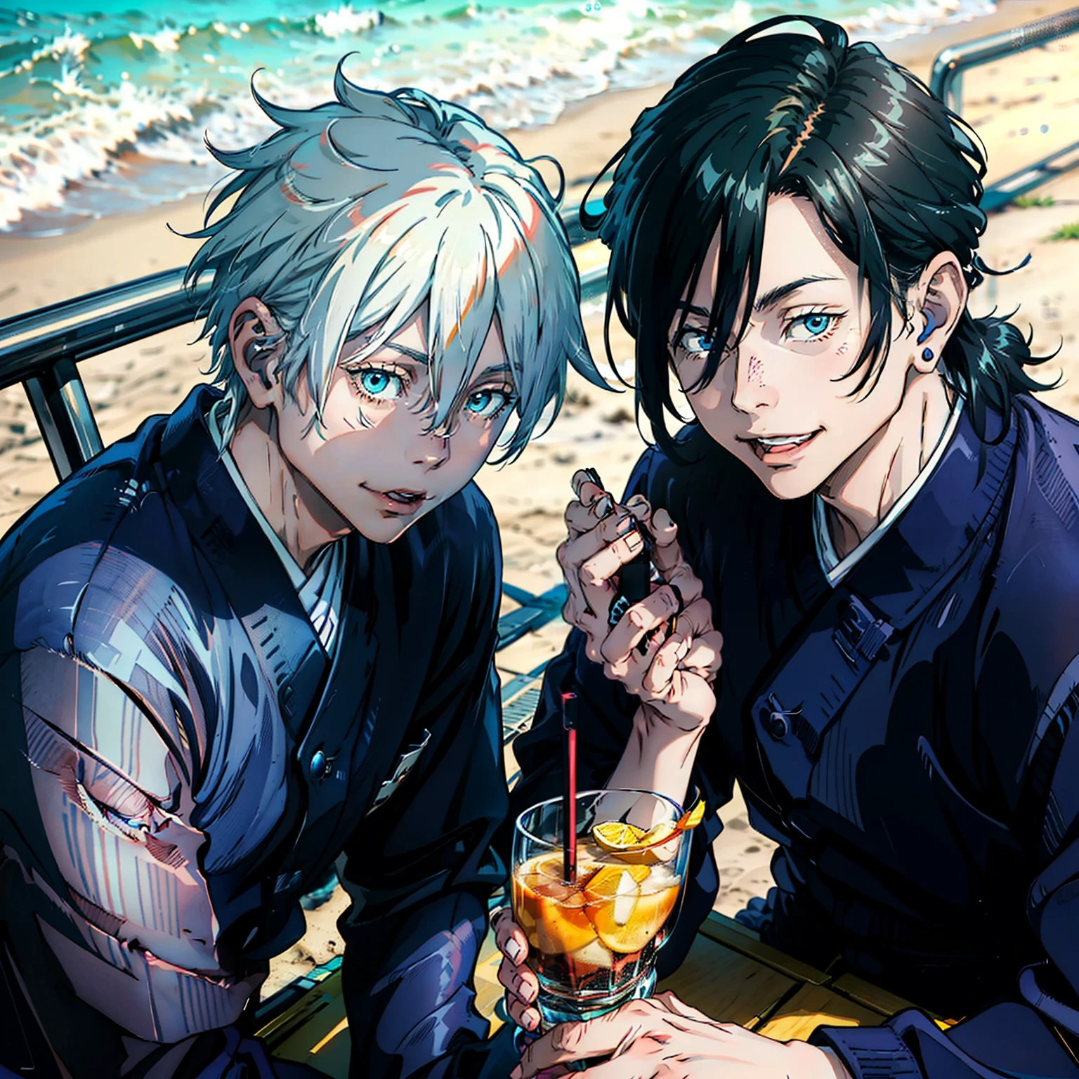 "(2guys) Gojo and suguru geto drinking orange juice by the beach, Gojo has white hair and shining blue eyes, suguru tento had black hair, they're both laughing