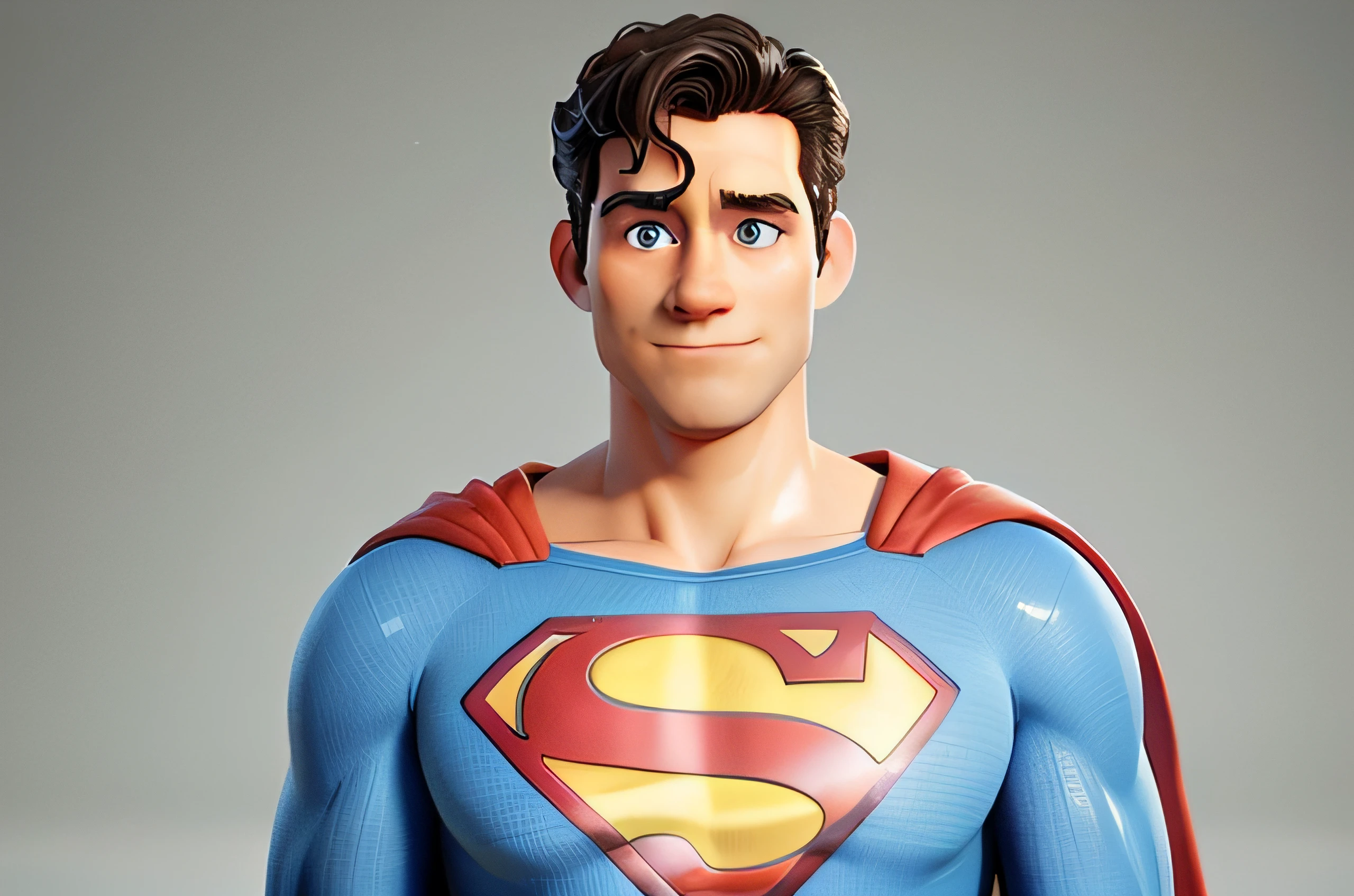 Close-up of a Superman statue with a grey background, high detail iconic character, Surhomme, Character modeling, Rendu Pixar Renderman, Art des personnages 3D, 3D character rendering, Superman pose, Great realistic photo, Realistic 3D character, Afficher le shader, Rendu Arnold Maya, Toon Render Keyshot, Super Detailed Rendering, renderman rendu, Art du personnage Unreal Engine