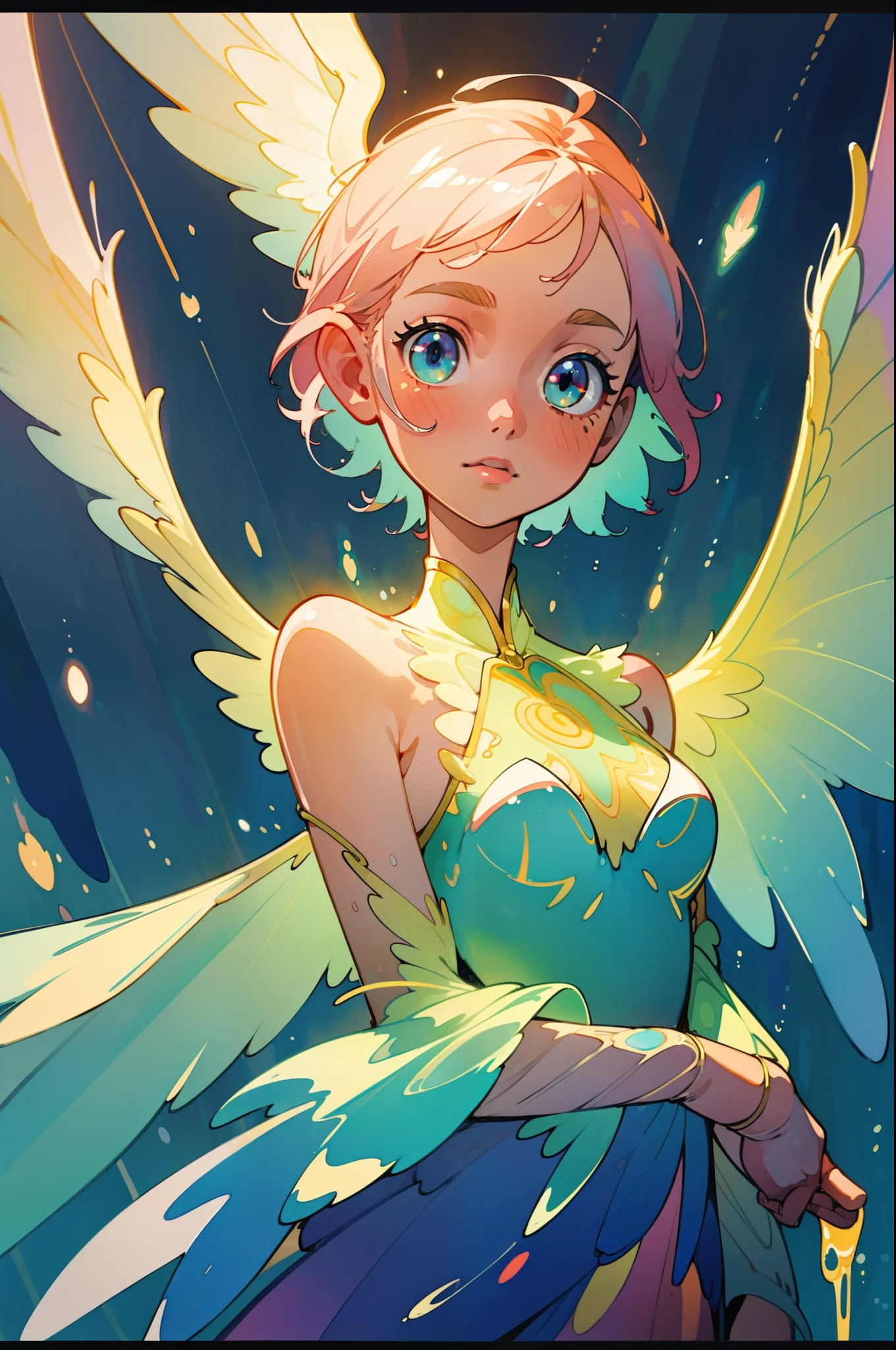 masterpiece, best quality, sharp focus, 8k, intricately detailed environment, anime, watercolor illustration, colorful, bright colors, whimsical, glowing lights, liquid otherworldly, fairy lights, beautiful girl in flowing liquid glowing dress, perfect face, golden ratio, sparkling eyes, watercolor, liquid light, angel wings