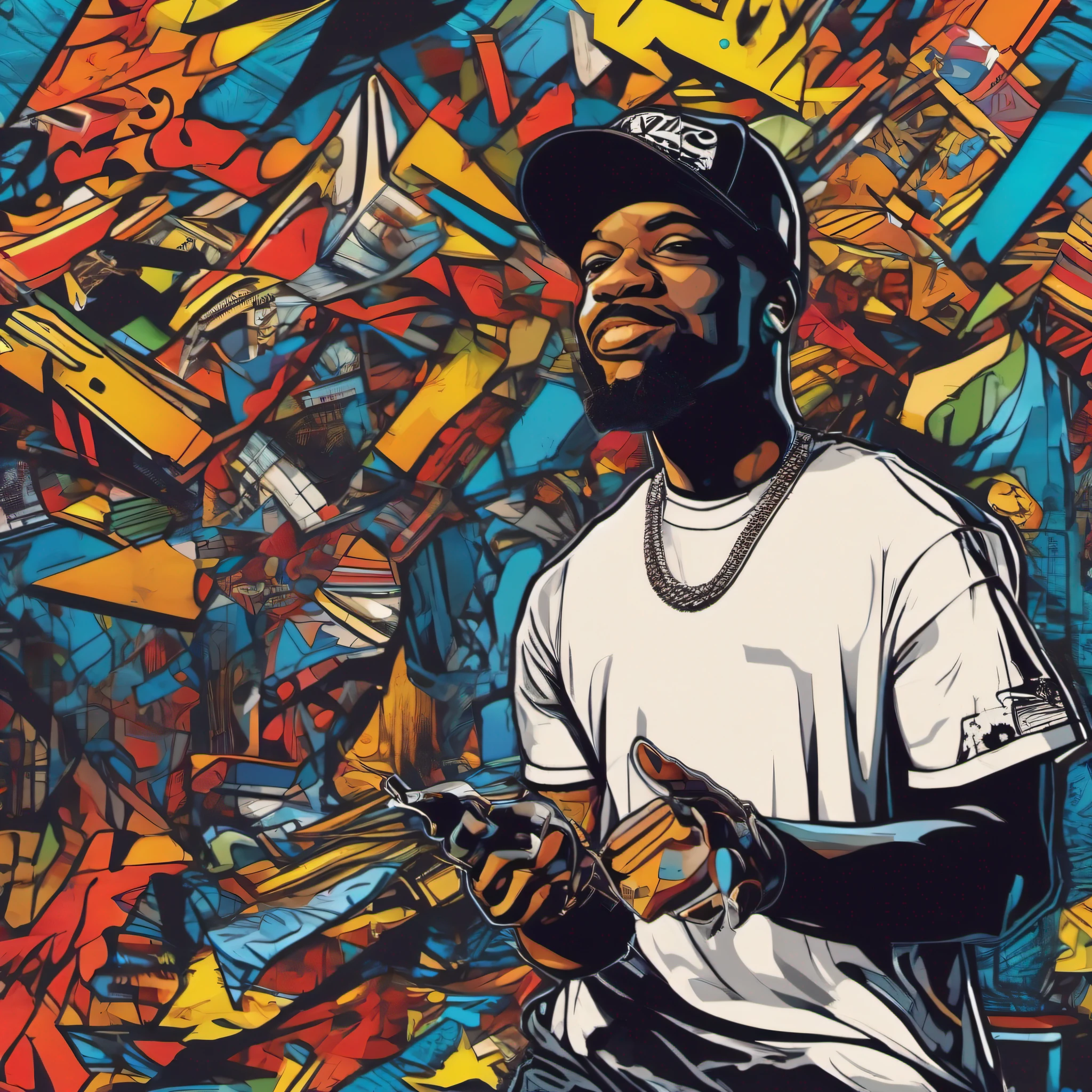 arte da camiseta, 2D, ((fundo preto :1, 5)), vetor, vivid colors, personagem COM roupa ESTILO hip hop, melhor qualidade, detalhes intrincados, Realistic details, luz de aro, cinematic shading, Greg Rutkowisk, Funny character, coelho