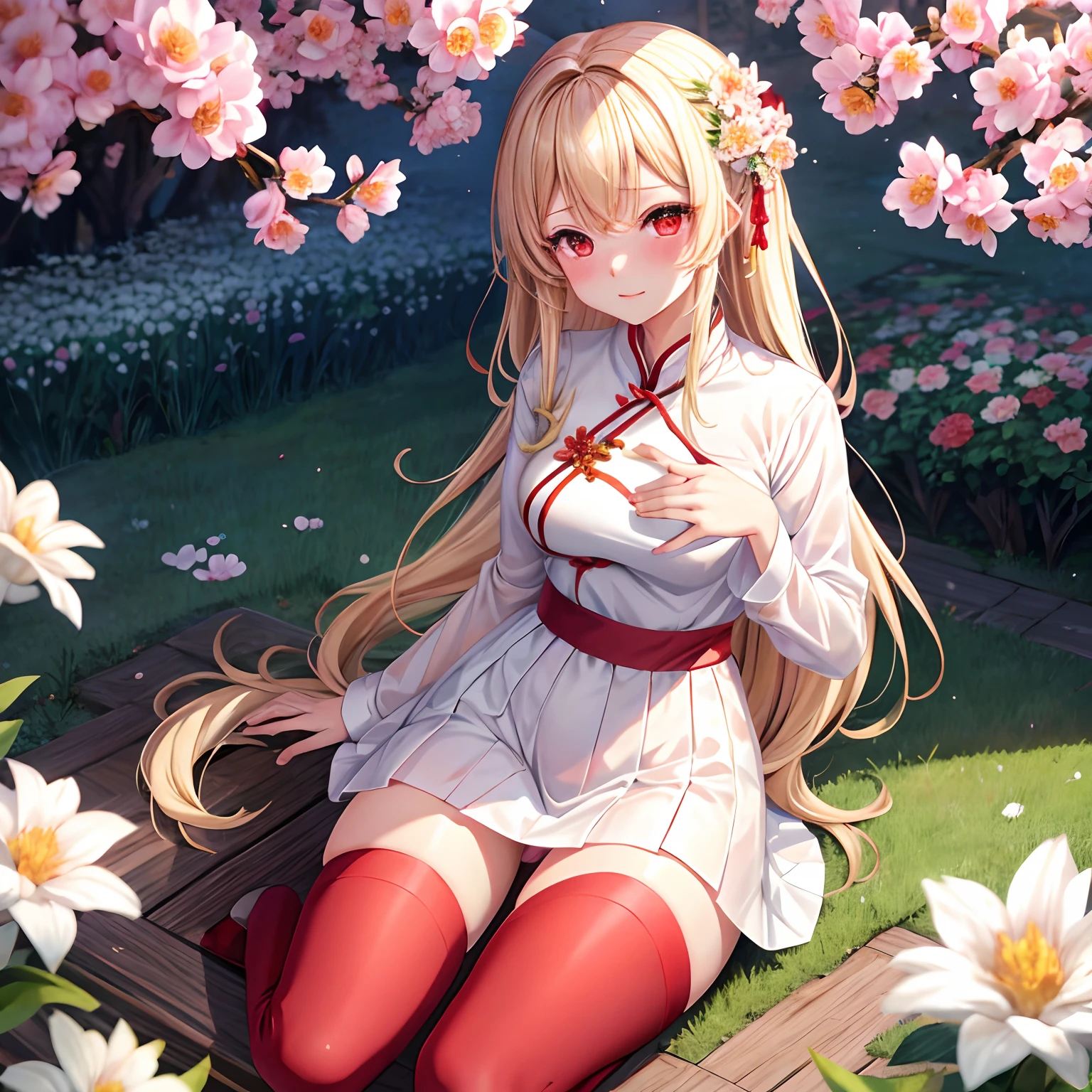 a blond、red eyes、One pretty girl、独奏、animesque、flower field、red blush、White cheongsam、Underwear is slightly visible