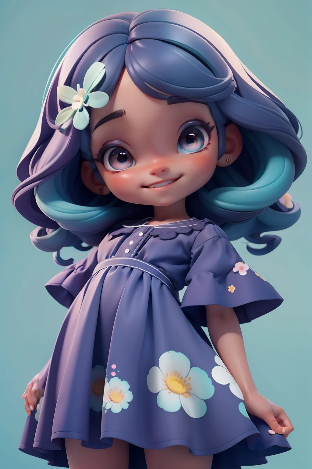 Loli menina negra, roupa floral em aquarela , menina meiga, olhos delicados, cabelo colorido, sorriso delicado, fundo simples e branco