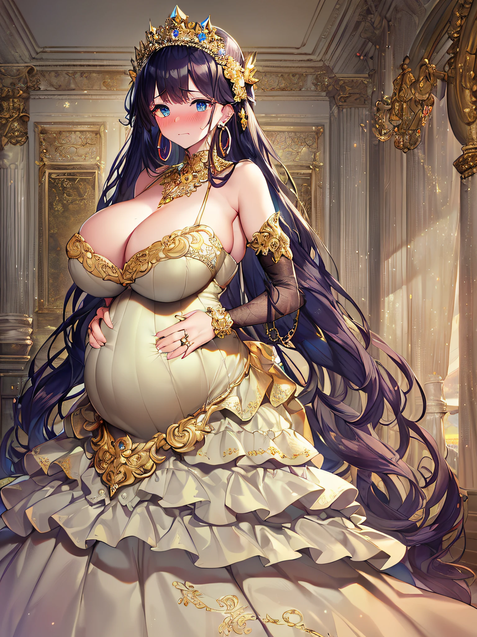 ((anime artstyle)),(Masterpiece),(Best Quality), (Super Detail),((Very Delicate and Beautiful)),(((Solo))),((full body)),(((1 bling-bling pregnant princess in beautiful embroidery and jeweled gorgeous rococo ball gown dress with voluminous full length hoop skirt))),((heavily pregnant)),very big pregnant belly,((bling-bling)),Long train,(bling-bling gorgeous gemstone jewelry),detailed face and eyes,jewel-like eyes,cry,(((embarrassed))),((large amount of straight hair,extremely voluminous Very Long Hair,Very Long Straight Hair)),(((gigantic tits,Long tits))),cleavage,(gorgeousfull embroidery and lace),gorgeous corsage,See-through,((extremely gorgeousfull hair ornament)),bling-bling extremely gorgeousfull jeweled tiara,ornate ruffles,(hoop skirt,crinoline),((Dynamic Angle)),Looking at viewer,((royal bedroom)),((full body)),((beautiful embroidery and jeweled extremely gorgeous rococo ball gown dress with voluminous full length hoop skirt))