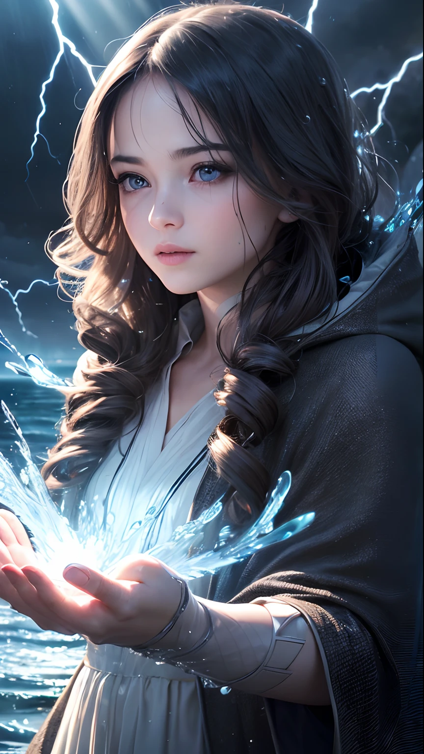 (skindentation:1.5), Realistic, Photorealistic, (masterpiece:1.5), concept art, intricate details, highly detailed, photorealistic, octane render, 8k, unreal engine, dynamic pose, best quality, highres, (realistic face:1.1), (hyperrealistic:1.1), ((full_body)), perfect eyes,(shiny skin:1.2), (((hairstyle))), (((perfect hands))), (extremely detailed background), haunted island, ((dynamic background)), ((lightning)), (light rays), (1girl), wearing cloak, (((flowing cloak))), ((detailed eyes, high quality eyes, high quality face)), long hair, (((flowing hairstyle))), 1girl ((controlling the water)), (((whirlwind of water))), ocean, tsunami, magic, (dramatic), epic, depth of field, bokeh, 4k, gothic, ((raining)), energyball between hands