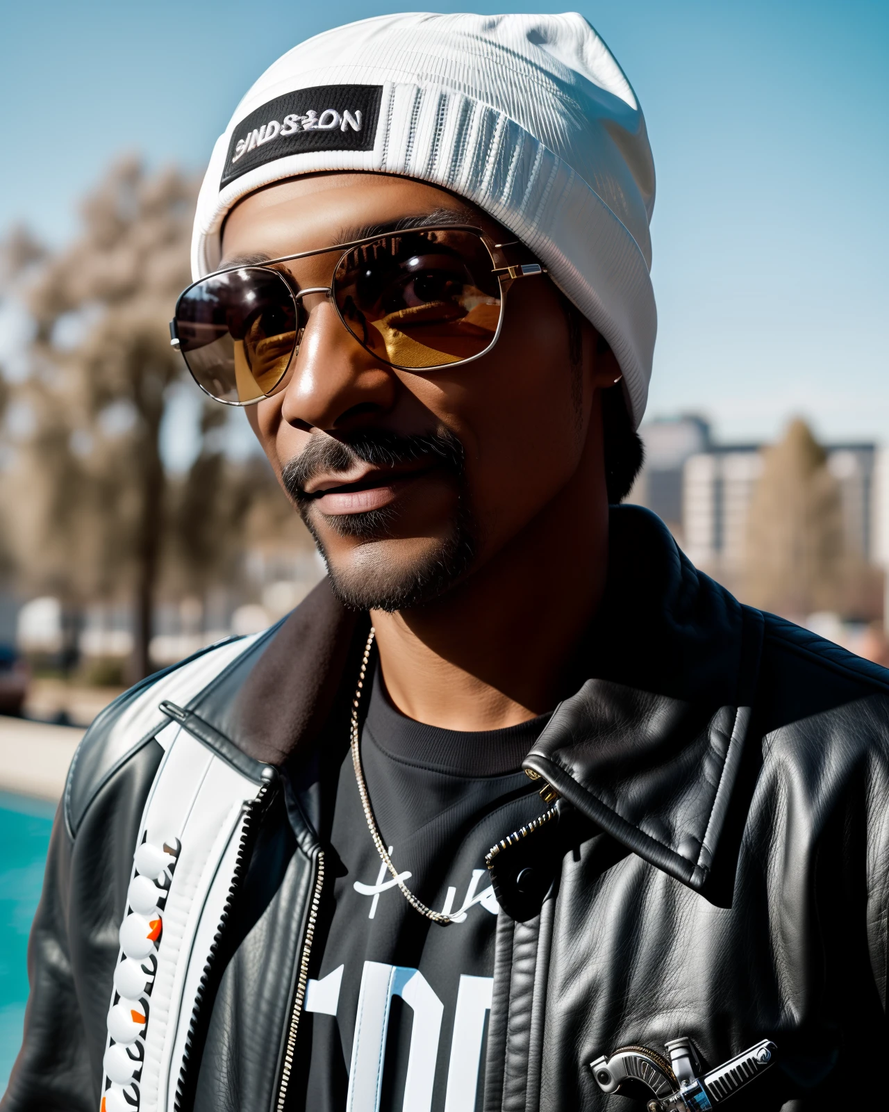 SN00PD0G, looking a viewer, white cap,black leather jacket,sun safety glasses, Posing, exteriors, portrait photography, ultradetailed, 4k, hq