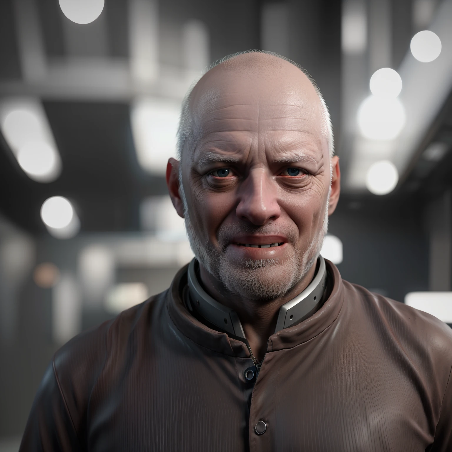 There's a man with a bald head and a shirt, 8k portrait render, Cinematic realistic portrait, realistic face moody lighting, 3 d render arte do caractere 8 k, Retrato VFX altamente detalhado, Personagem pequeno. Motor Unreal 5, Velho cyberpunk, Personagem 3d realista, arte do personagem do motor irreal, olhar :: octan render, cinematic bust portrait