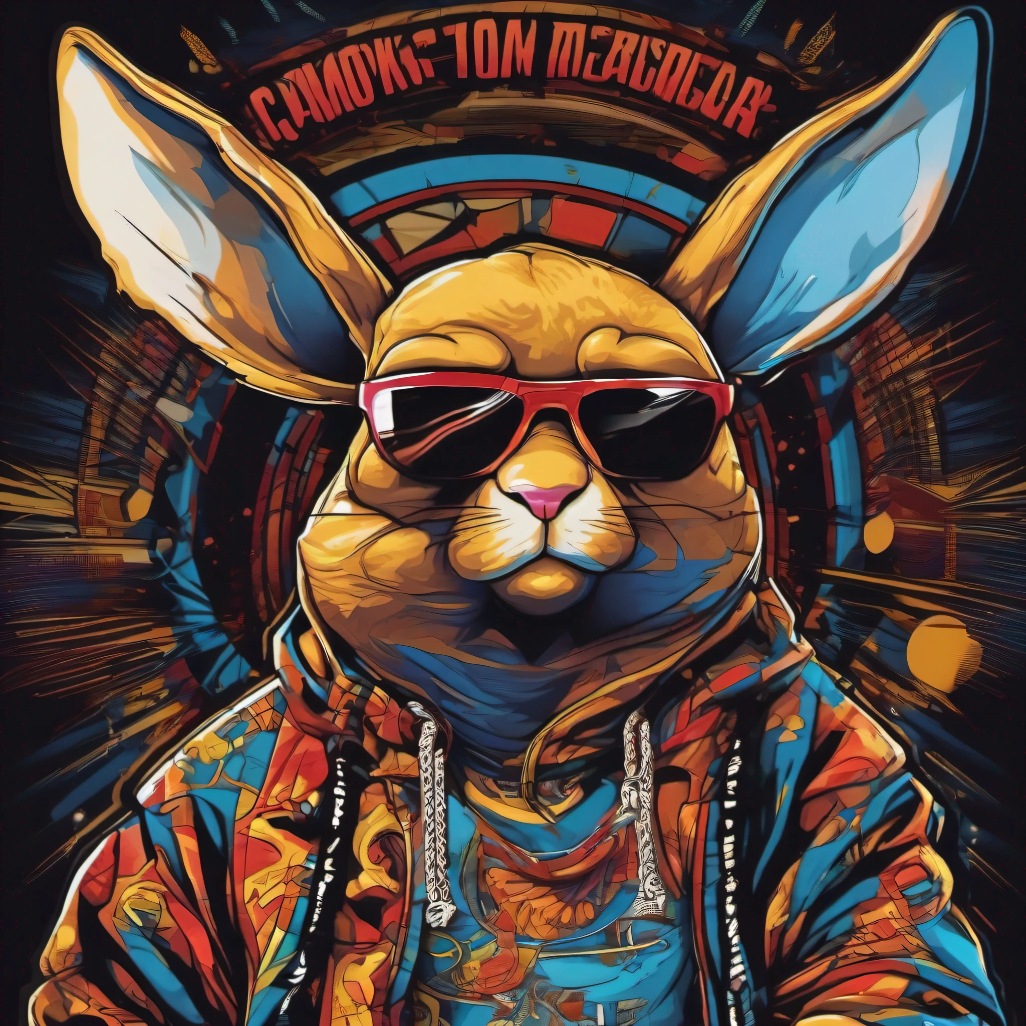 arte da camiseta, 2D, ((fundo preto :1, 5)), vetor, vivid colors, Funny character coelho personagem COM roupa ESTILO hip hop , melhor qualidade, detalhes intrincados, Realistic details, luz de aro, cinematic shading, Greg Rutkowisk,