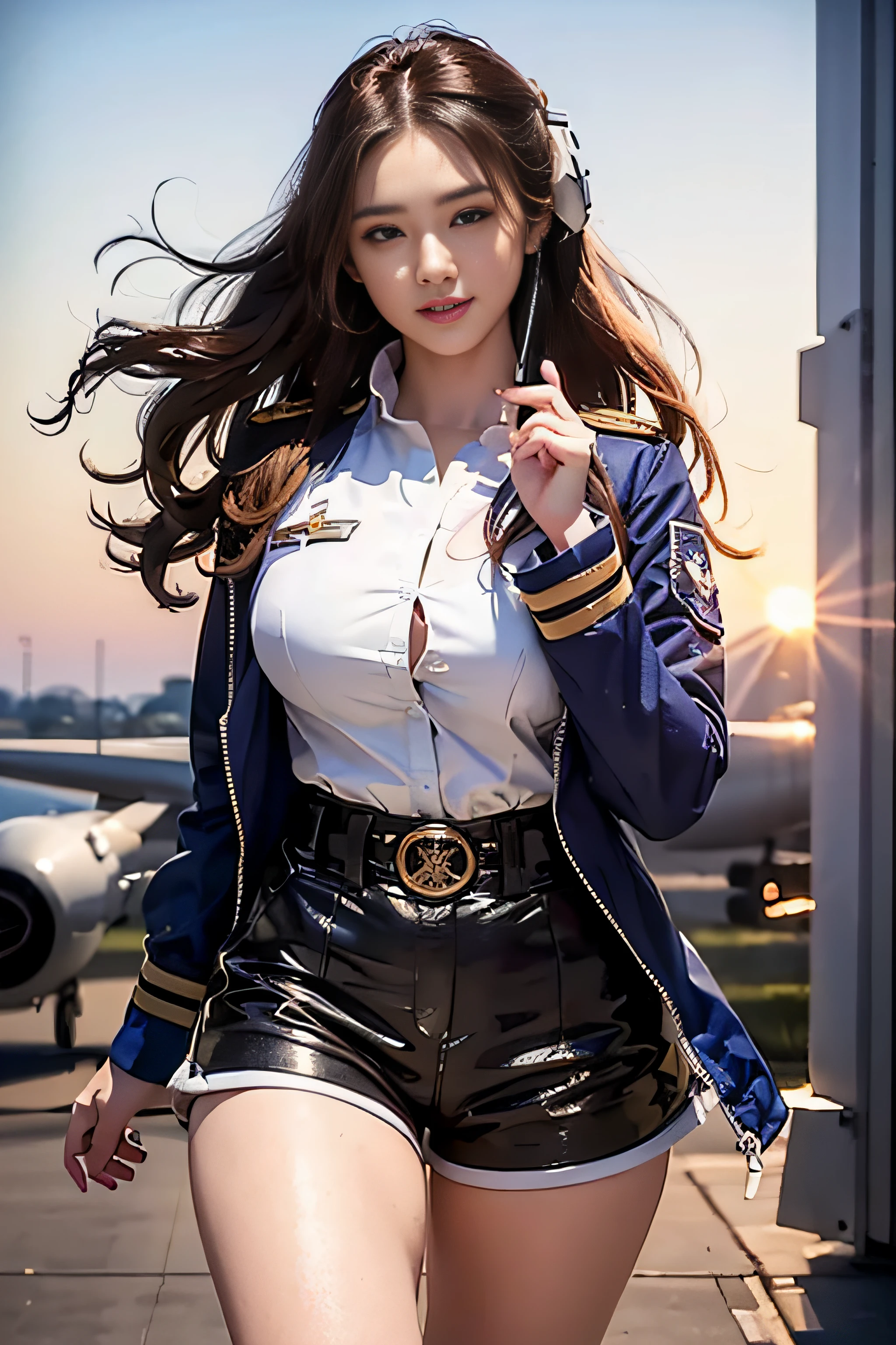 (Best quality, 8k, 32k, Masterpiece, UHD:1.2), (realistic:1.5), (masterpiece, Extremely detailed CG unity 8k wallpaper, best quality, highres:1.2), (ultra detailed, UHD:1.2), Photo of extremely cute and beautiful Japanese woman, (chestnut long wavy hair:1.2), adult, (detailed beautiful girl:1.4), best quality, woman, adult, (detailed US air-force pilot captain uniform:1.3), (white pilot captain shirt:1.3), (black high-waist shorts:1.3), (Beautiful sunset US air force base runway view background:1.2), embarrassed laughing:1, looking at viewer, facing the viewer, ((perfect female body)), (narrow waist:1.2), (upper body image:1.3), slender, abs, (large breasted:1.25), frame the head, wind, dynamic pose, cinematic light, back light, detailed clothes, perfect anatomy, perfect proportion, detailed human body, stylish model pose,