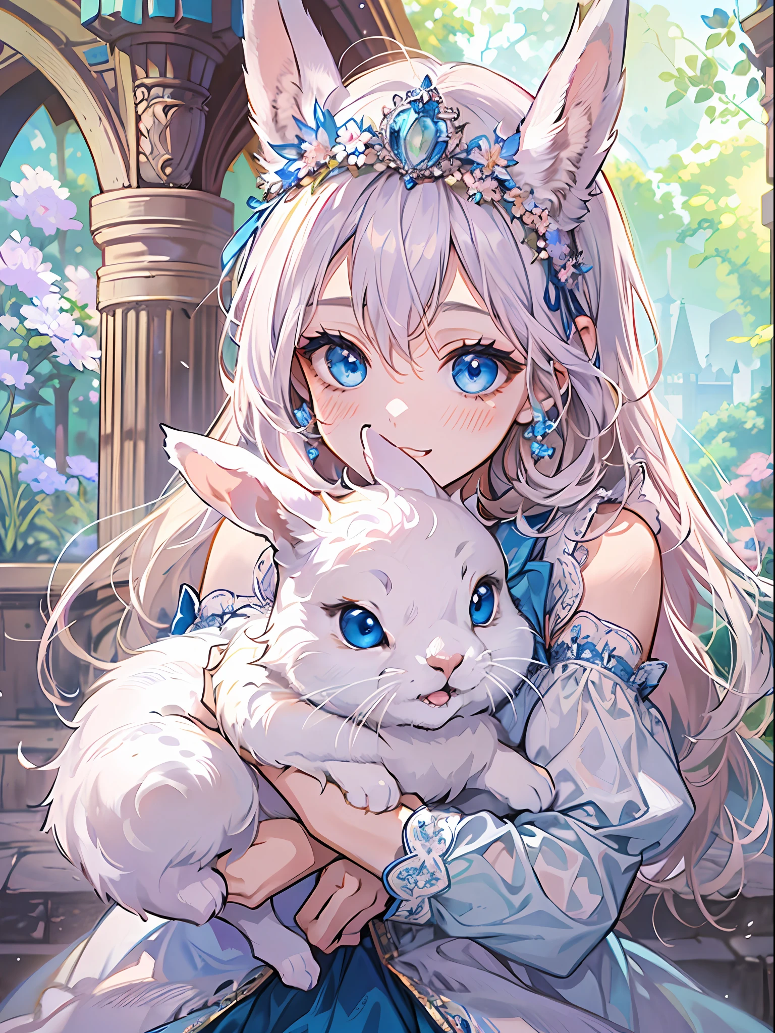 (Best Quality, Masterpiece, High Resolution), 1female, (white medium hair, have pony, wearing medieval blue dress, 20 years old, blue eyes, wearing tiara, crown princess), 1animal, bunny laying on princess lap (A bunny, white fluffy fur, wearing tiara with blue stone, blue eyes, 2 ears, happy little bunny), stunning, cute, heartwarming smile, beautiful aster flower garden, gazebo, castle, mesmerizing sunlight, good proportion, detailed face, detailed accessories, symmetry, good ratio little rabbit, novel cover, close up