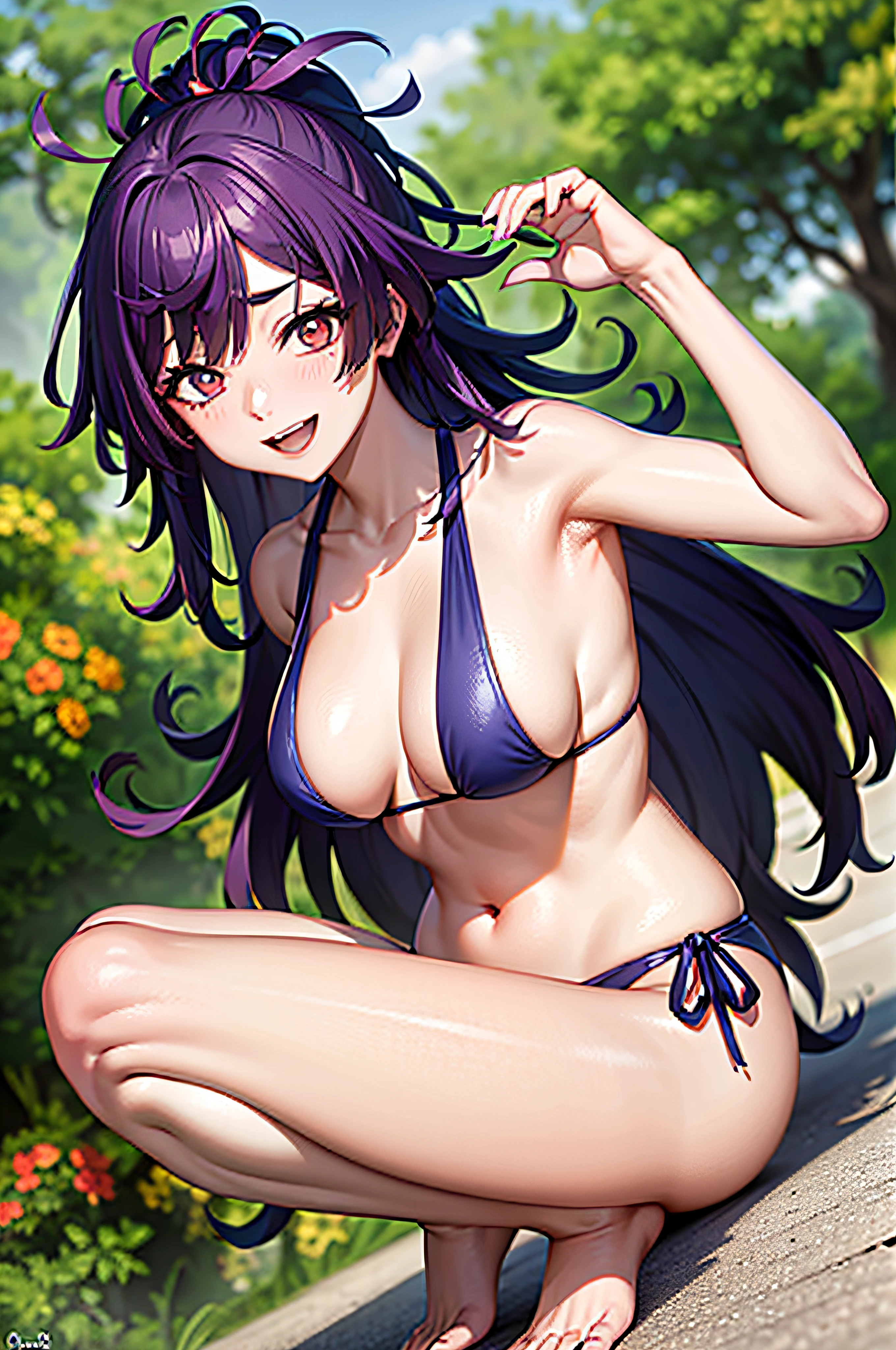 melhor qualidade, obra-prima, (inclinando-se: 1.4), bikini,
1menina, yuzuriha_(jigokuraku), cabelo roxo, olhos castanhos, ninja, roupas abertas, decote, seios pequenos, topete, mid hair, breasts apart, sorriso sedutor, Slacks, despir, (blush: 1.1), Japanese exterior, templo,