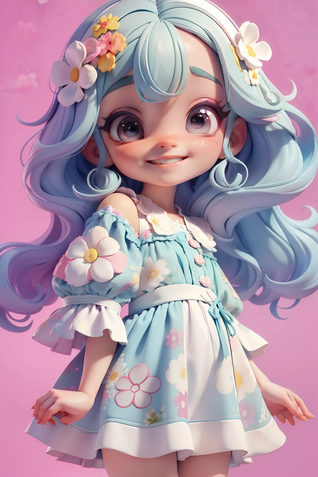 Loli menina, roupa floral em aquarela , menina meiga, olhos delicados, cabelo multicolorido, sorriso delicado, fundo simples e branco