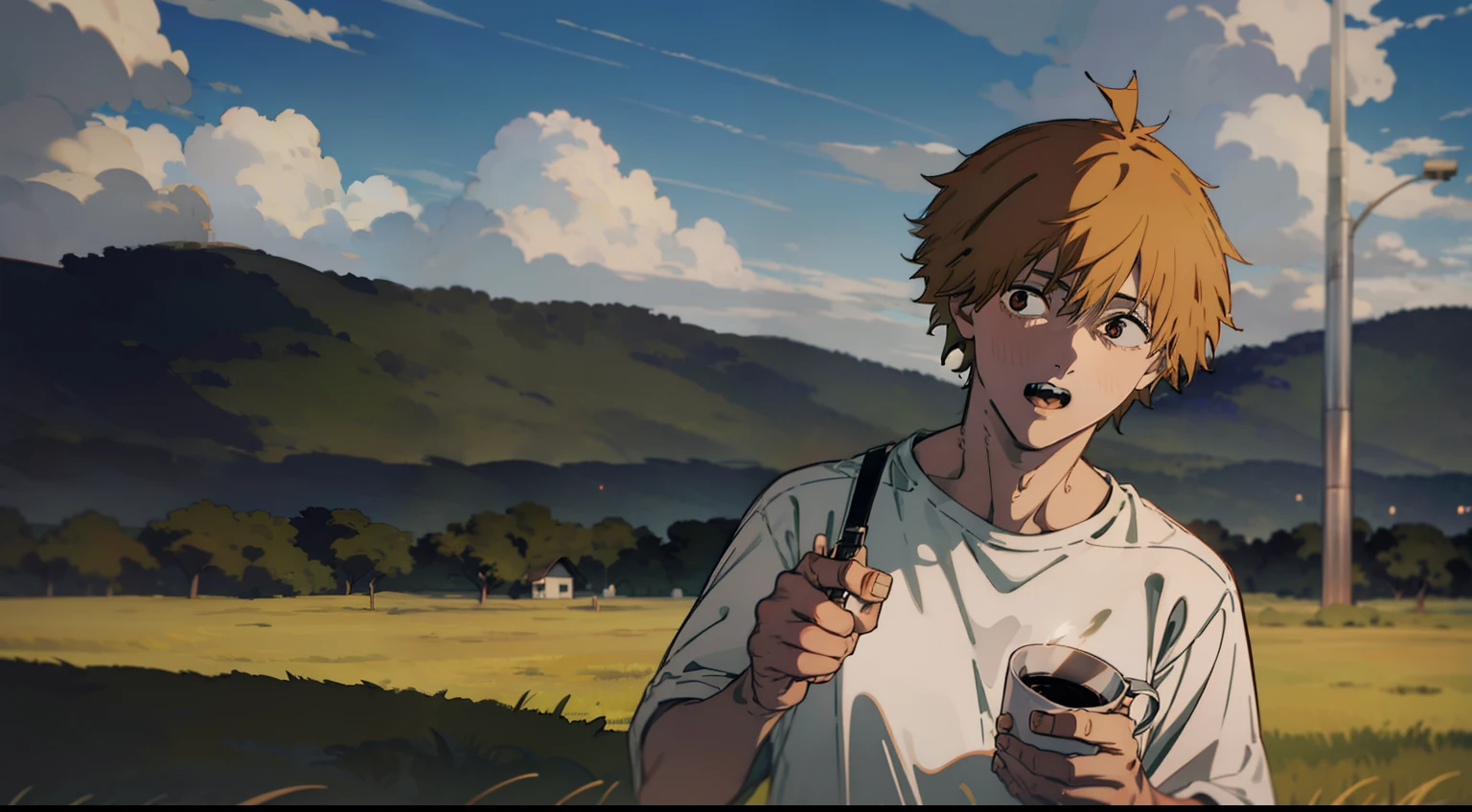 denji com espressao de medo em um campo