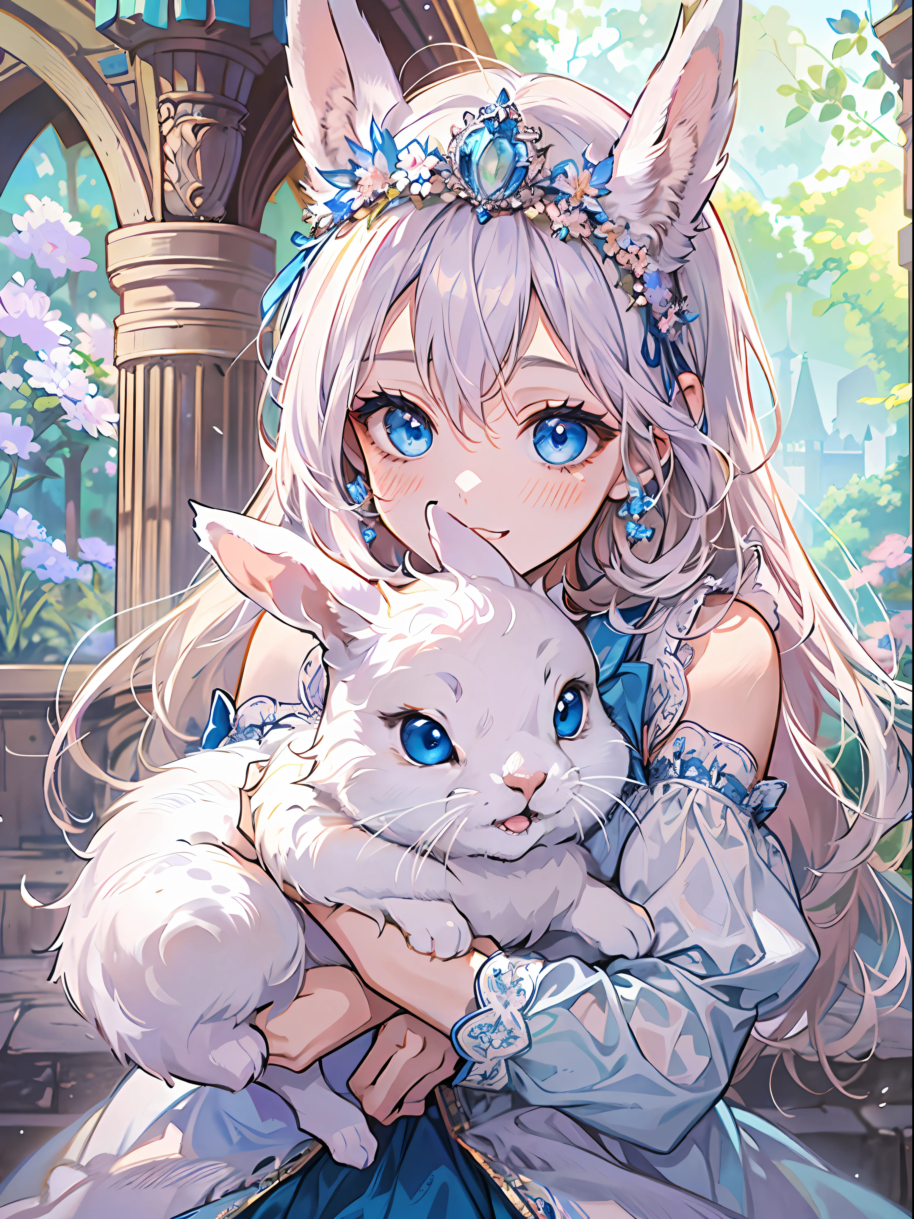 (Best Quality, Masterpiece, High Resolution), 1female, (white medium hair, have pony, wearing medieval blue dress, 20 years old, blue eyes, wearing tiara, crown princess), 1animal, bunny laying on princess lap (A bunny, white fluffy fur, wearing tiara with blue stone, blue eyes, 2 ears, happy little bunny), stunning, cute, heartwarming smile, beautiful aster flower garden, gazebo, castle, mesmerizing sunlight, good proportion, detailed face, detailed accessories, symmetry, good ratio little rabbit, novel cover, close up