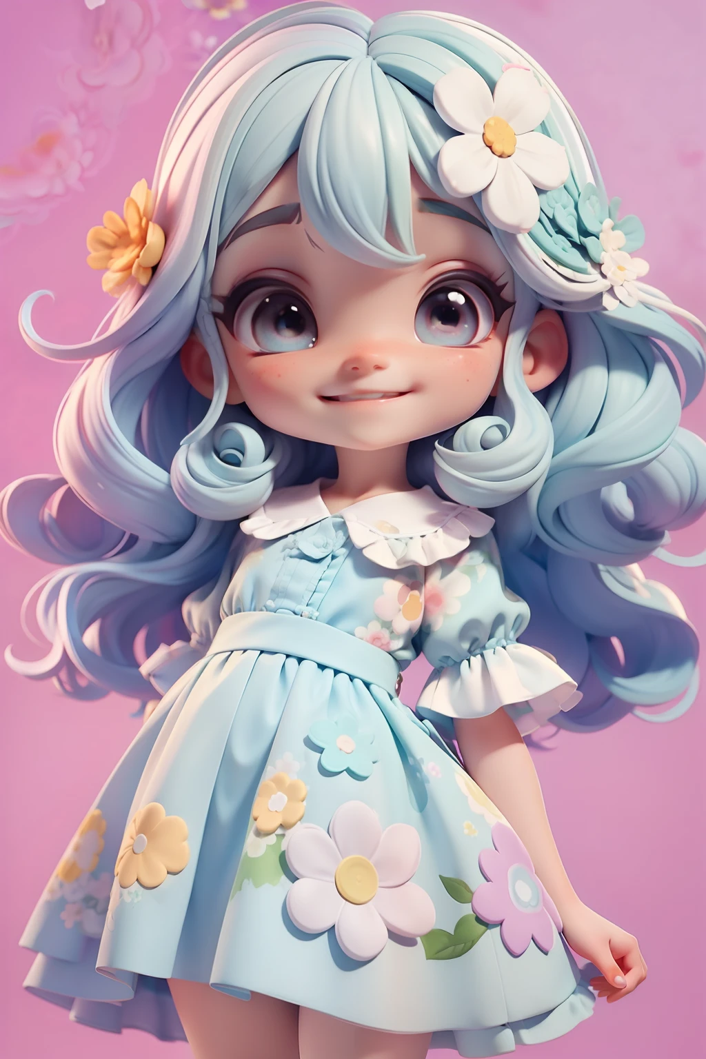 Loli menina, roupa floral em aquarela , menina meiga, olhos delicados, cabelo multicolorido, sorriso delicado, fundo simples e branco