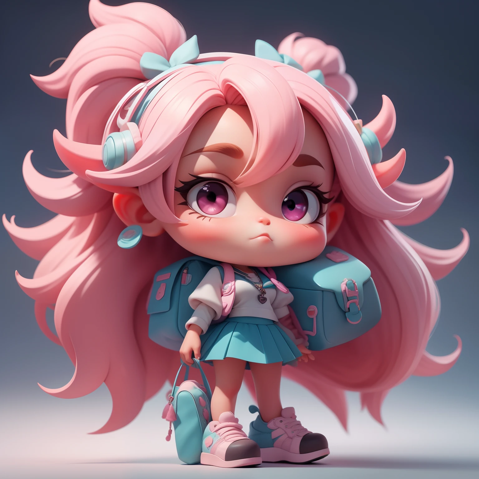 uma garota super bonito, corpo inteiro, puxando mochila escolar de rodinhas, cabelo rosa longo jogado ao vento, dreamy cute hair accessoriesPopmart Blind Box, design IP, clean background and bright 3D rendering, OC rendering, 8k, foco suave, fino Glossysuper detalhe --ar 3:6 50 --q 2 --niji 5 --estilo expressivo --s 2