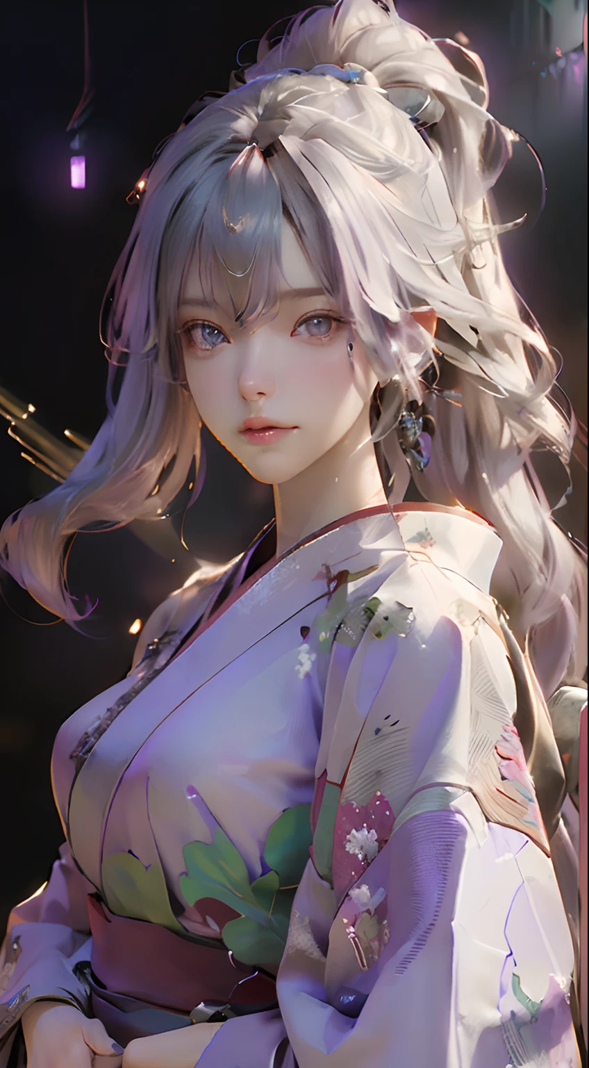 night time, firework festival, firework at sky, (sky firework as background:1.2), (light purple color kimono:1.3), (Best Quality), ((Masterpiece), (Detail: 1.4), 3D, A Beautiful Cyberpunk Woman, HDR (High Dynamic Range), Ray Tracing, NVIDIA RTX, Super-Resolution, Unreal 5, Subsurface Scattering, PBR Textures, Post-Processing, Anisotropic Filtering, Depth of Field, Maximum Sharpness and Clarity, Multi-layer Textures, Albedo and Highlight Maps, Surface Shading, Exact simulation of light-material interactions, perfect proportions, Octane Render, bicolor light, large aperture, low ISO, white balance, rule of thirds, 8K RAW, close-up of a woman with very long hair and a very large body, perfect anime robot woman, anime robot with organic mix, best anime 4K konachan wallpaper, detailed digital anime art, beautiful girl cyborg, portrait of cyborg queen, cyborg - silver girl, biomechanics oppai, Digital cyberpunk anime art