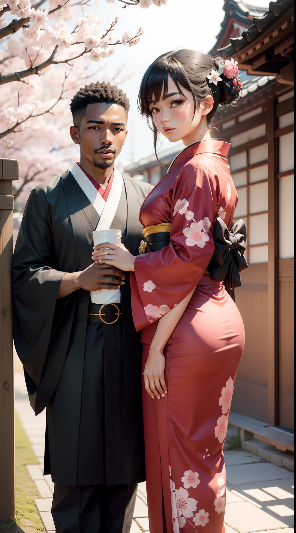 Black man with his Japanese Girlfriend in Kimono, cherry blossom