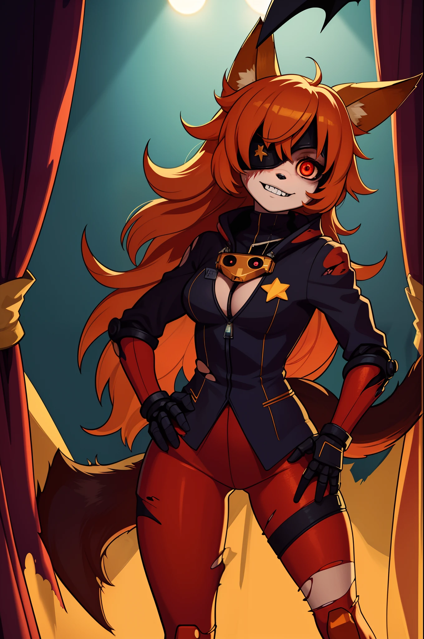 foxy, furry female, robot, (torn body:1.3), (eyepatch lift:1.2), standing, hand on hip, portrait, solo, (best quality), (star curtain background:1.2), dramatic lighting, (horror scene:1.2), looking at viewer, (hook hand:1.1), tail, teeth, glowing eyes, nude,