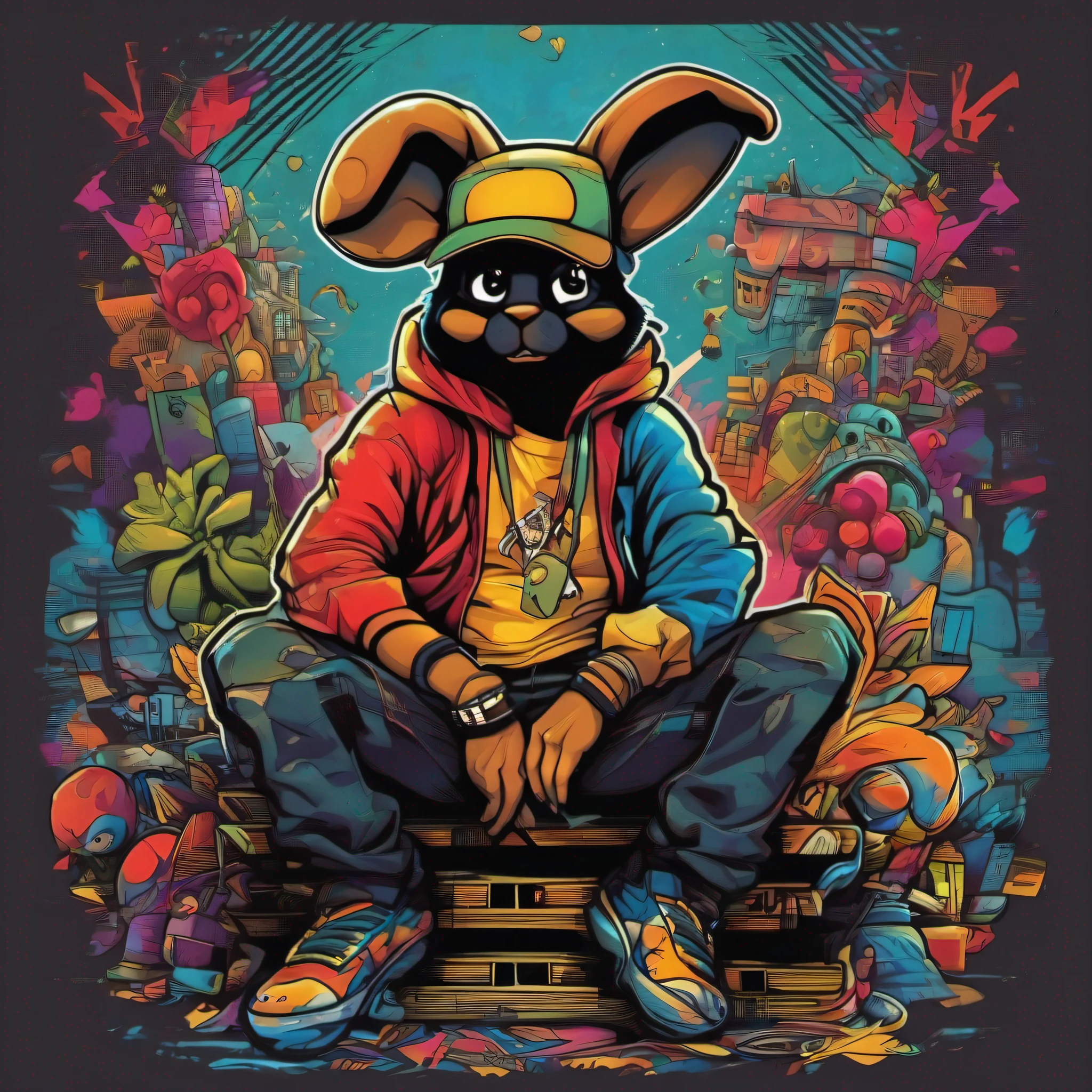 arte da camiseta, 2D, ((fundo preto :1, 5)), vetor, vivid colors, Funny character coelho personagem COM roupa ESTILO hip hop , melhor qualidade, detalhes intrincados, Realistic details, luz de aro, cinematic shading, Greg Rutkowisk,
