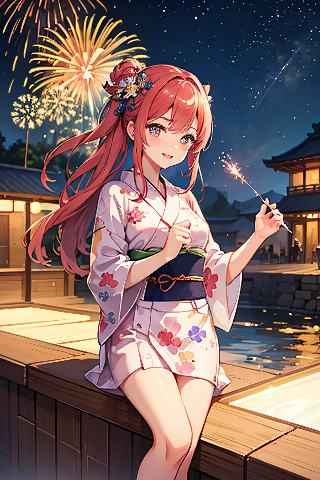 Draw beautiful illustrations of the highest quality on fireworks display posters、Vivid fireworks light spreads in the beautiful night sky、Expressing the fun atmosphere and bustle of the venue。Girl in Yukata