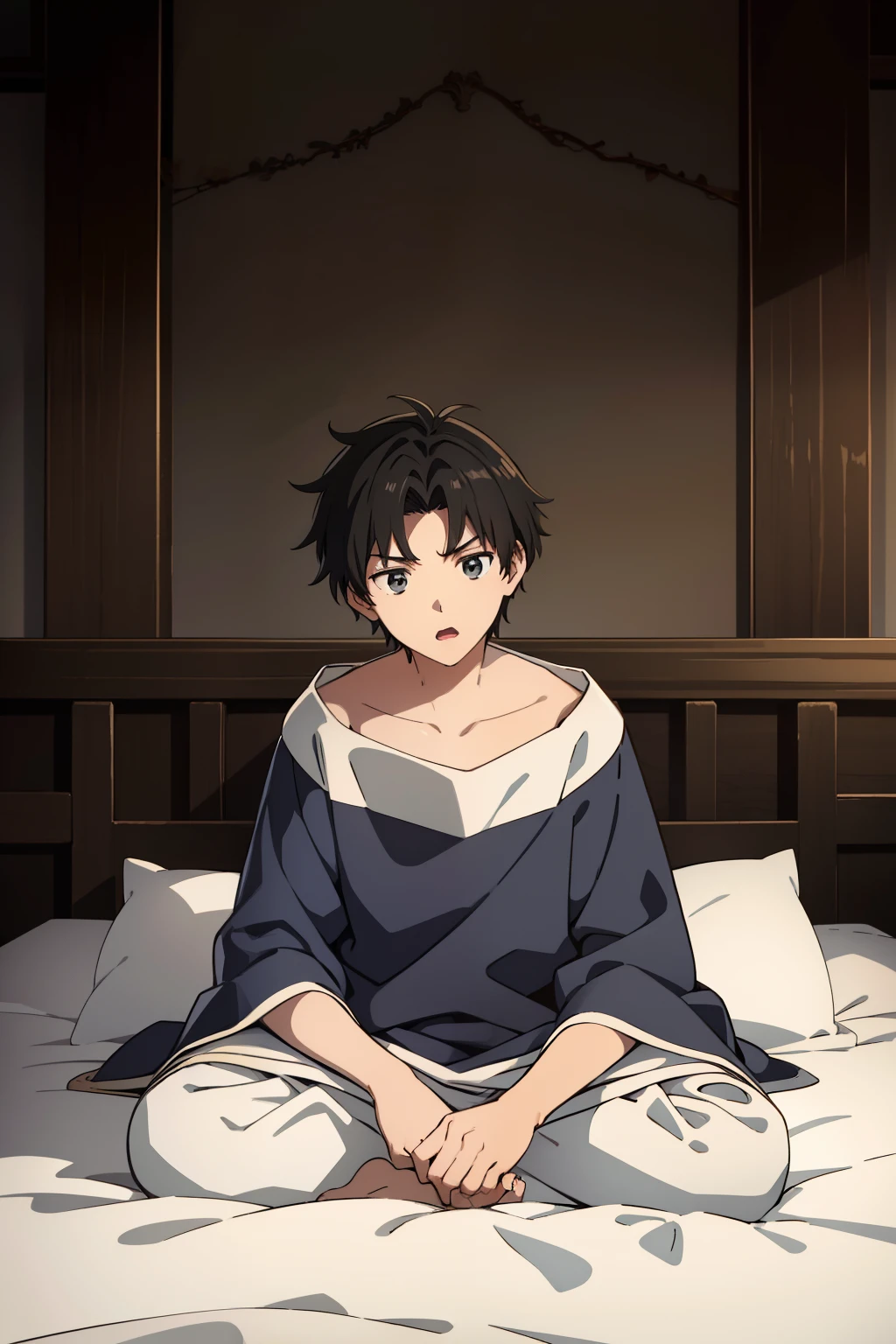One man, 16 years old, simple medieval noble sleeping clothes, messy black hair, surprised, sitting on a medieval noble bed