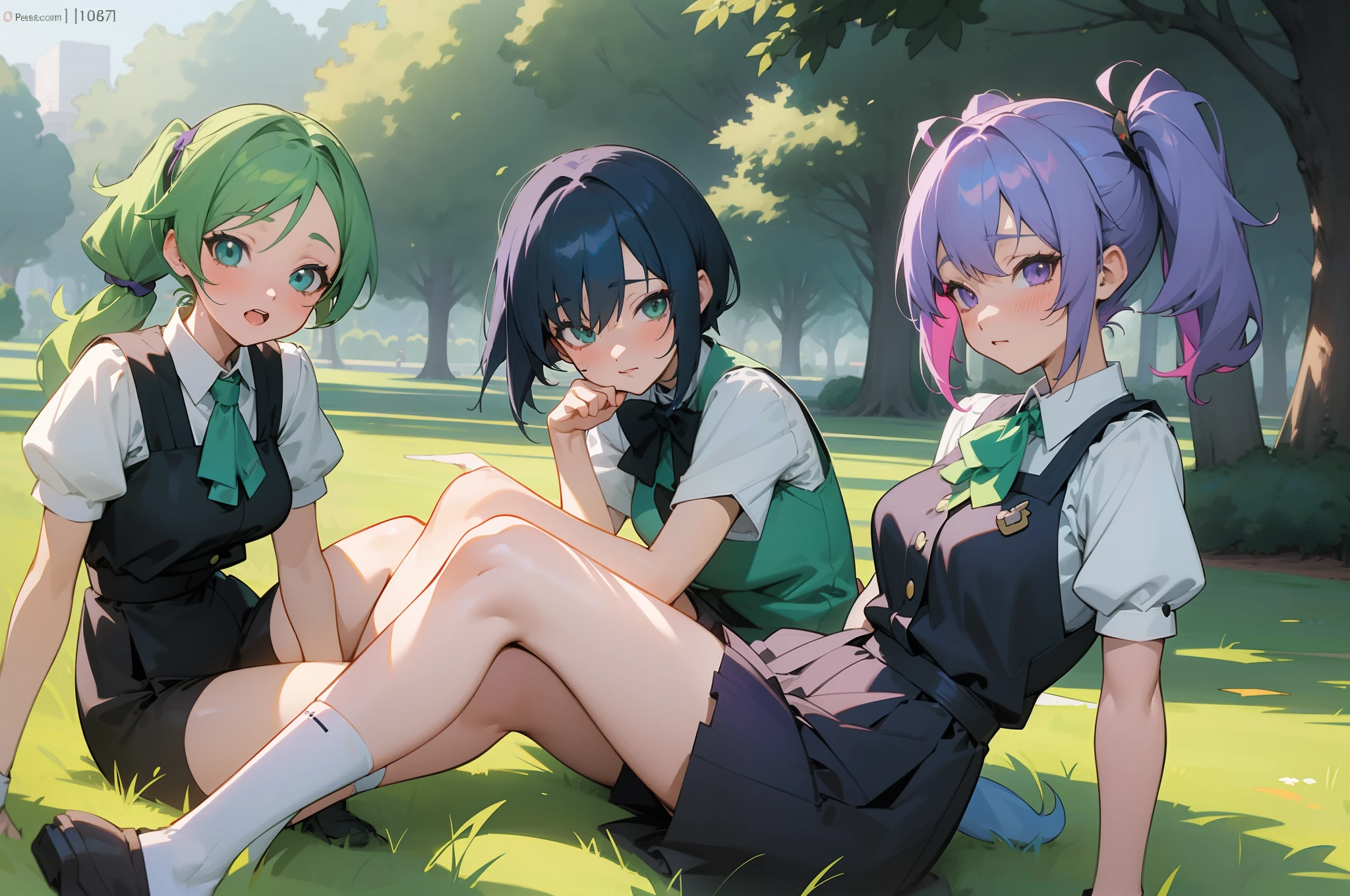 Three anime girls sitting on the grass in the park, anime style 4 k, anime girls, Anime Curvy John 8K Woods, artwork in the style of guweiz, best anime 4k konachan wallpaper, anime moe artstyle, anime styled digital art, Anime style. 8K, visual novel cg, ecchi anime style, Anime Art Wallpapers 4K, green two pigtails, blue-blue short hair, Purple high tail