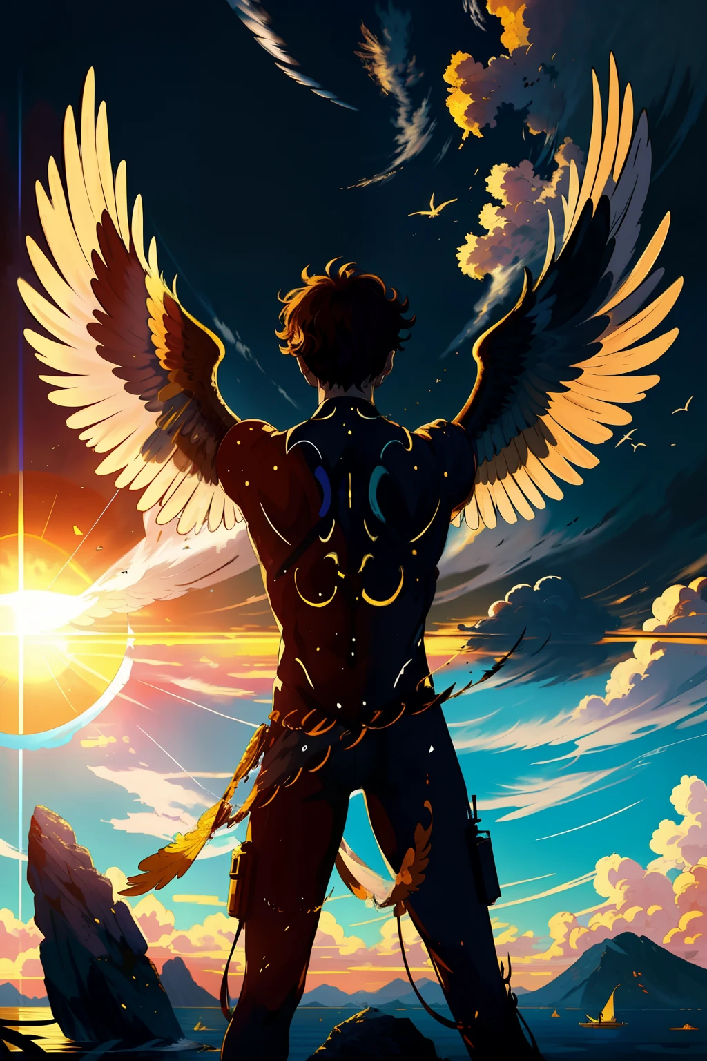 Get ready to immerse yourself in a powerful visual representation that pays homage to the legendary tale of Icarus. The scene unfolds with poignant symbolism as Icarus takes flight toward the radiant sun, His wax wings are a testament to his aspiration for the extraordinary. Every detail is meticulously crafted, capturing the tension between determination and imminent danger. While Icarus rises, His wings begin to betray him, the waxy material slowly succumbing to the sun's relentless heat. The emotions in this moment are palpable, echoing the essence of human ambition and the consequences of pushing boundaries. Against the backdrop of the endless sky, The sun is both a beacon of aspiration and a harbinger of fall. This illustration brings the ancient narrative to life, allowing viewers to reflect on the timeless lessons that the story of Icarus conveys.