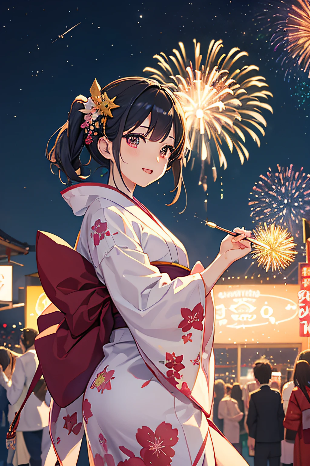Draw beautiful illustrations of the highest quality on fireworks display posters、Vivid fireworks light spreads in the beautiful night sky、Expressing the fun atmosphere and bustle of the venue。Girl in Yukata