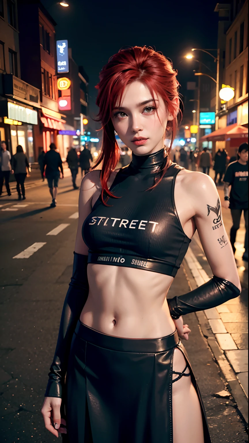 (1girl:1.2, body covered in words, words on body:1.1, tattoos of (words) on body:1.2), (masterpiece:1.4, best quality), medium breasts, edgNoire,upper body shot,female, woman wearing no sleeve t-shirts with logos, ((black long maxi-skirt)), cyberpunk scene, ((red hair)), ((black hair)), (((night street))),