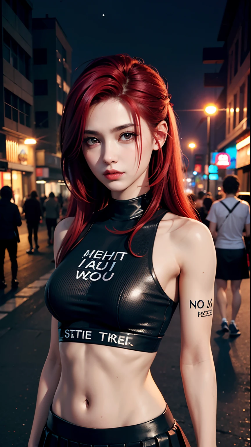 (1girl:1.2, body covered in words, words on body:1.1, tattoos of (words) on body:1.2), (masterpiece:1.4, best quality), medium breasts, edgNoire,upper body shot,female, woman wearing no sleeve t-shirts with logos, ((black long maxi-skirt)), cyberpunk scene, ((red hair)), ((black hair)), (((night street))),