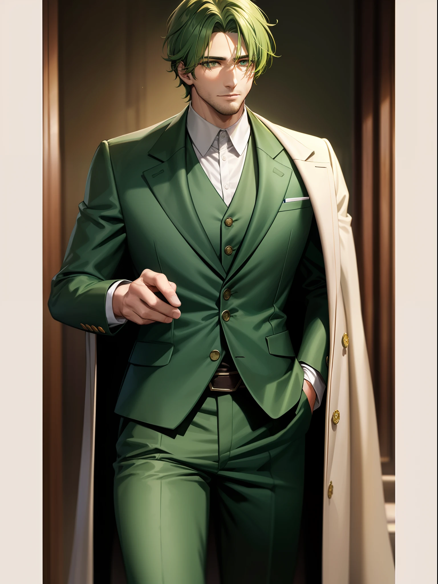 "Um homem bonito, cabelos verde escuro, olhos verde claro, barba curta, Lemon Green Victorian Coat, dark green pants, cenario de floresta"