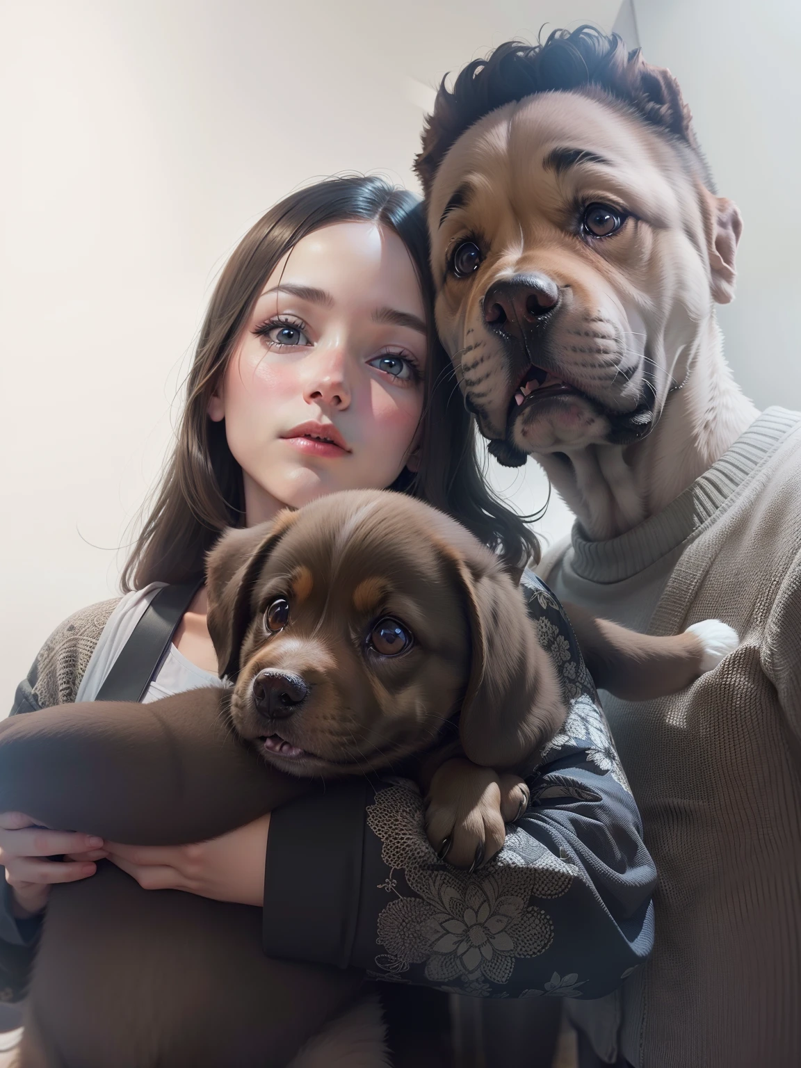 Turn this image into a drawing style with manga with paint effects. Maintain proportions faithful to the original faces and keep the Labrador puppy brown.