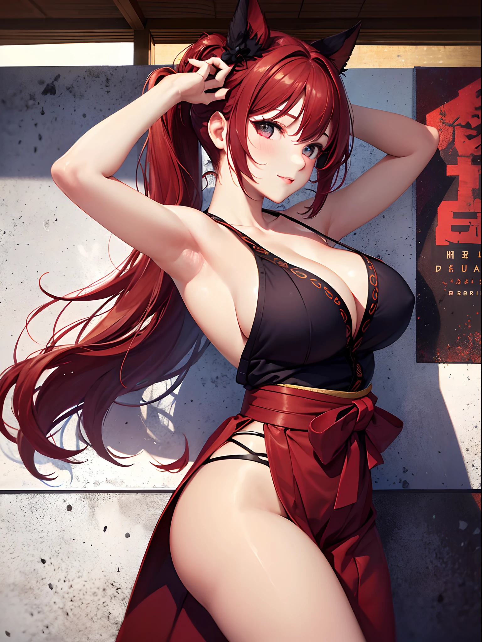 (top-quality: 1.3)、(​masterpiece: 1.3)、(The ultra-detailliert: 1.3)、(wall-paper, one girls)、([Diamonds: 1.3|The eye]:1.2)、(Perfect and beautiful short hakama in red length:1.3)、Sleeveless、(Red hair:1.3)、Medium Hair、poneyTail、(Beautiful Large Breasts:1.3)、dojo、ssmile、sexypose、dance