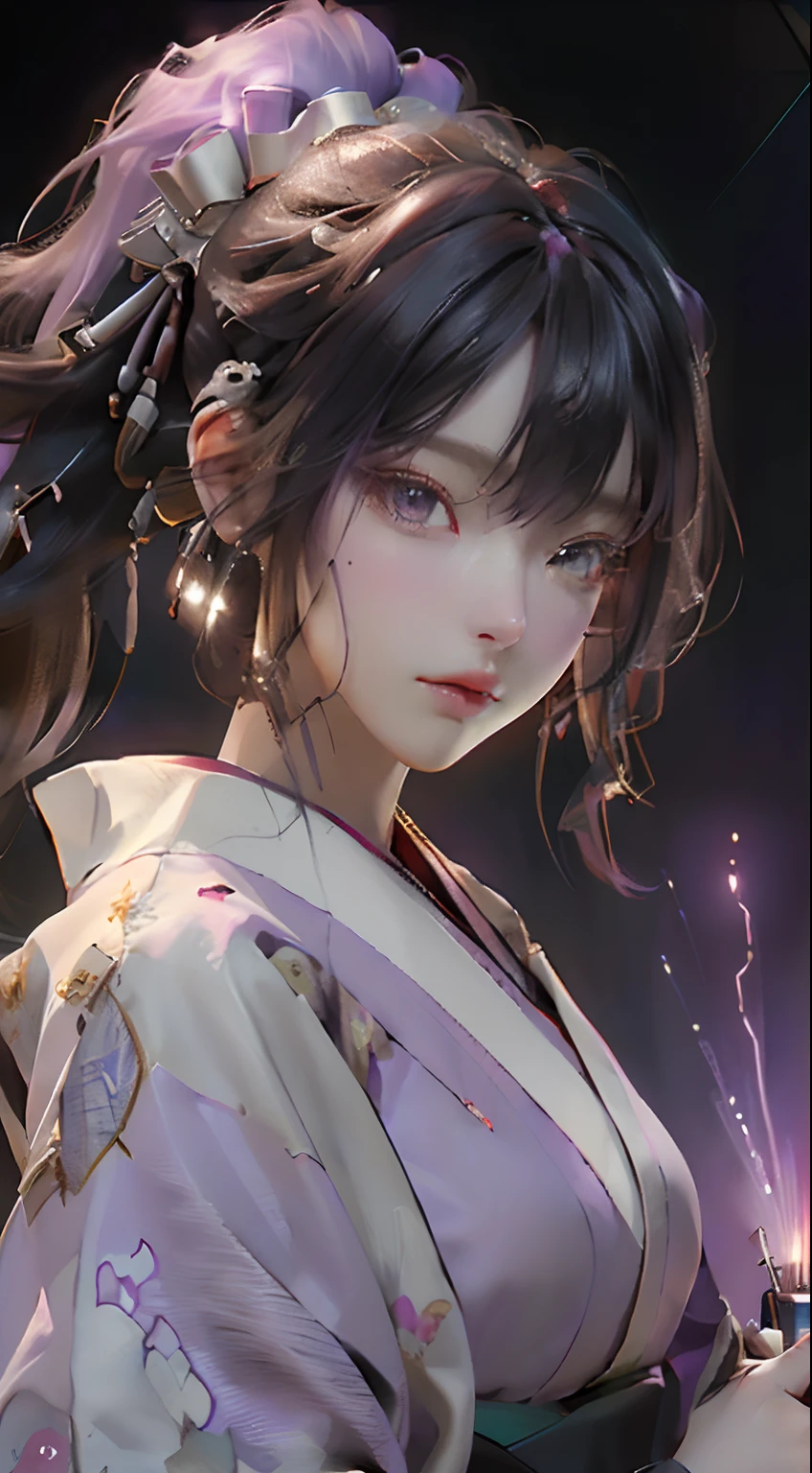 full body, bared legs, night time, firework festival, firework at sky, (sky firework as background:1.2), (light purple color kimono:1.3), (Best Quality), ((Masterpiece), (Detail: 1.4), 3D, A Beautiful Cyberpunk Woman, HDR (High Dynamic Range), Ray Tracing, NVIDIA RTX, Super-Resolution, Unreal 5, Subsurface Scattering, PBR Textures, Post-Processing, Anisotropic Filtering, Depth of Field, Maximum Sharpness and Clarity, Multi-layer Textures, Albedo and Highlight Maps, Surface Shading, Exact simulation of light-material interactions, perfect proportions, Octane Render, bicolor light, large aperture, low ISO, white balance, rule of thirds, 8K RAW, close-up of a woman with very long hair and a very large body, perfect anime robot woman, anime robot with organic mix, best anime 4K konachan wallpaper, detailed digital anime art, beautiful girl cyborg, portrait of cyborg queen, cyborg - silver girl, biomechanics oppai, Digital cyberpunk anime art